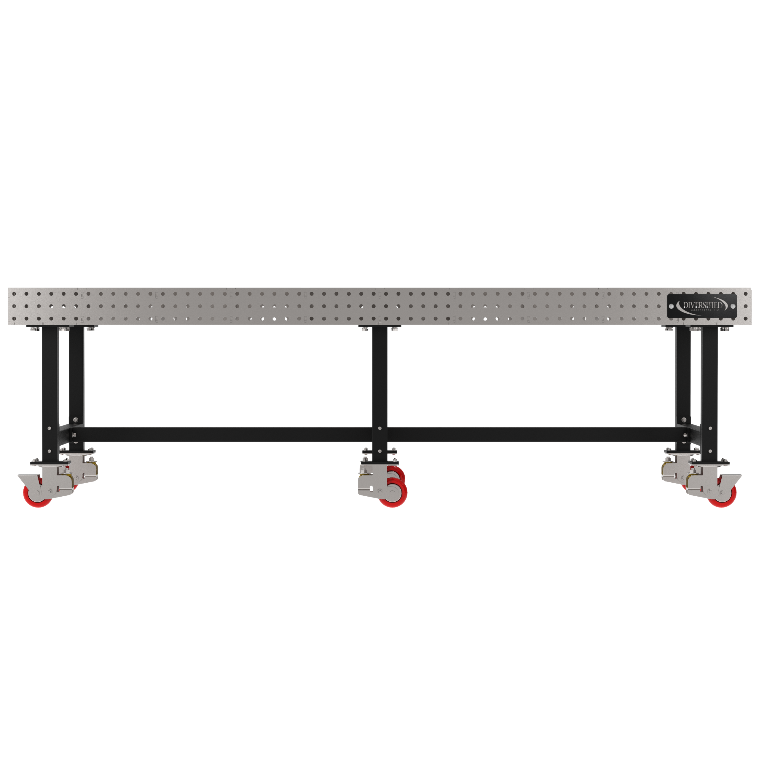 Welding Fixture Table, Fixed Height, 36"H x 120"L x 48"D, 1/4" Carbon Steel Top, Six Black Powdercoat Legs, 6 Heavy Duty Suspension Casters (4 Locking/Swiveling Casters and 2 Non-Locking/Non-SwivelingCasters)