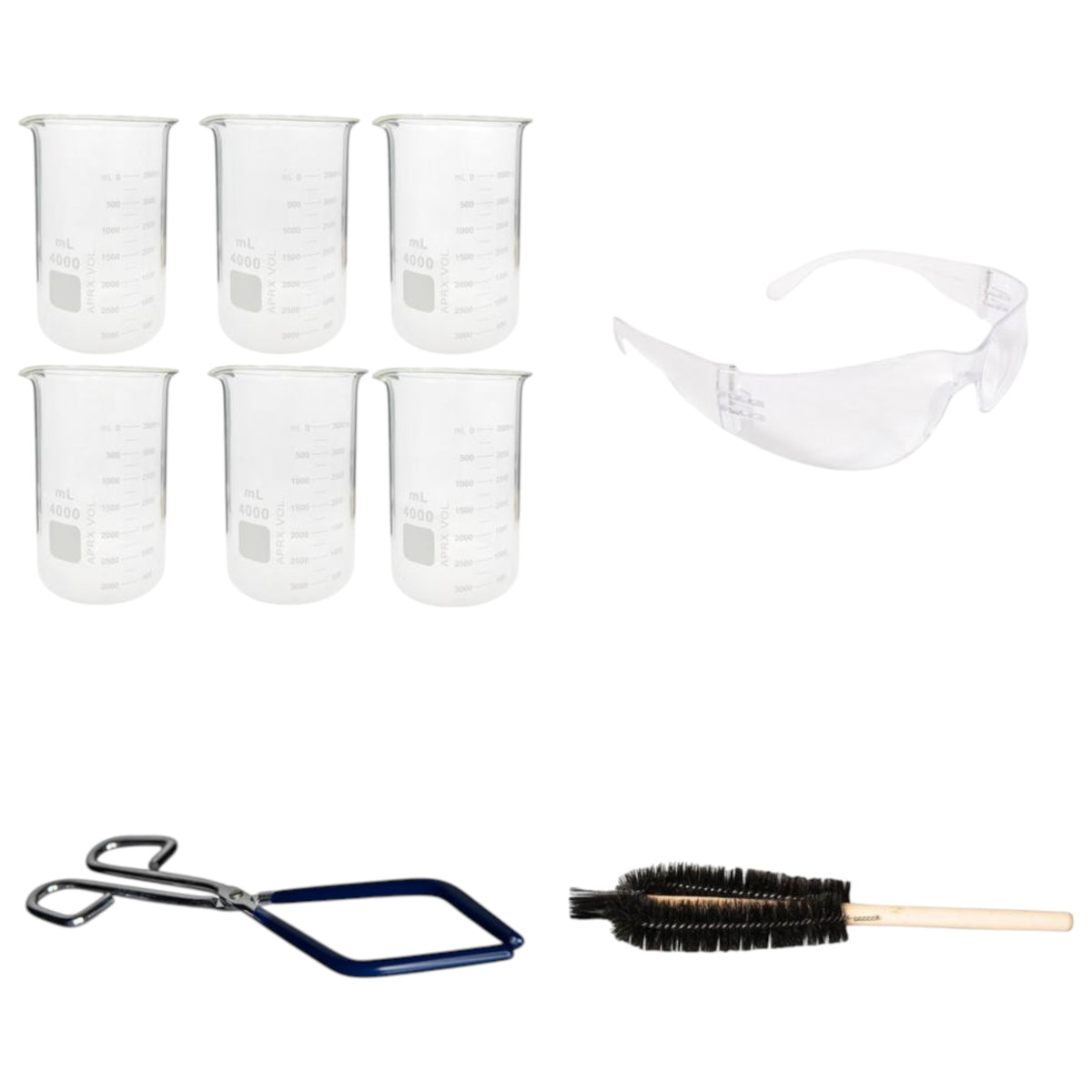 Beaker Starter Kit - Includes 6 Packs of 4000ml Griffin Style Beakers, Beaker Brush (330mm), Beaker Tongs with Plastisol-Coated Jaws, & Safety Glasses