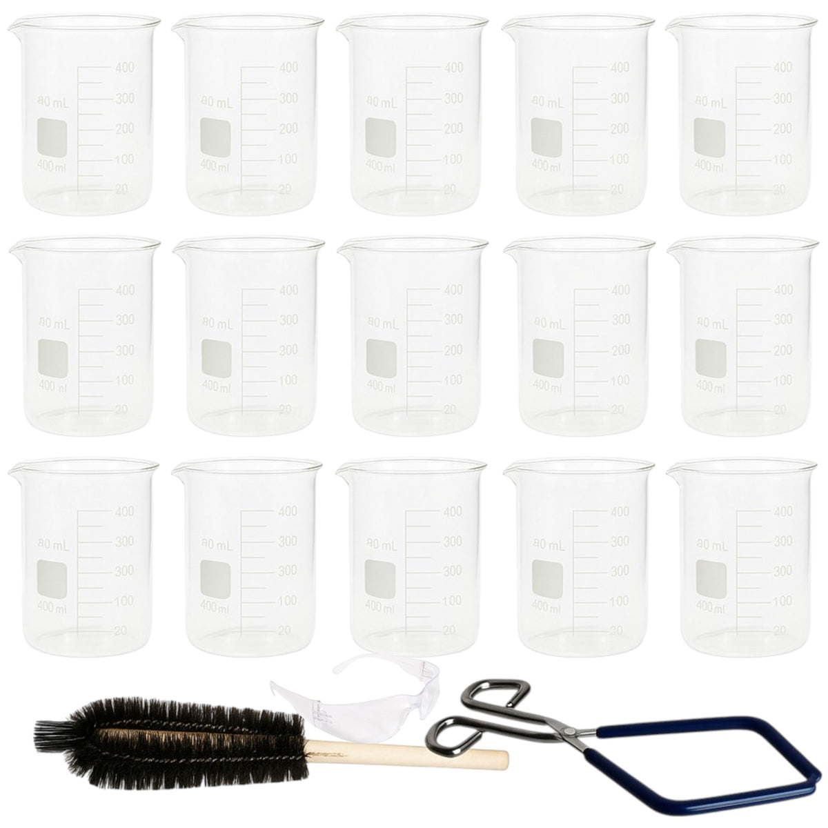 Beaker Starter Kit - Includes 12 Packs of 400ml Griffin Style Beakers, Beaker Brush (330mm), Beaker Tongs with Plastisol-Coated Jaws, & Safety Glasses