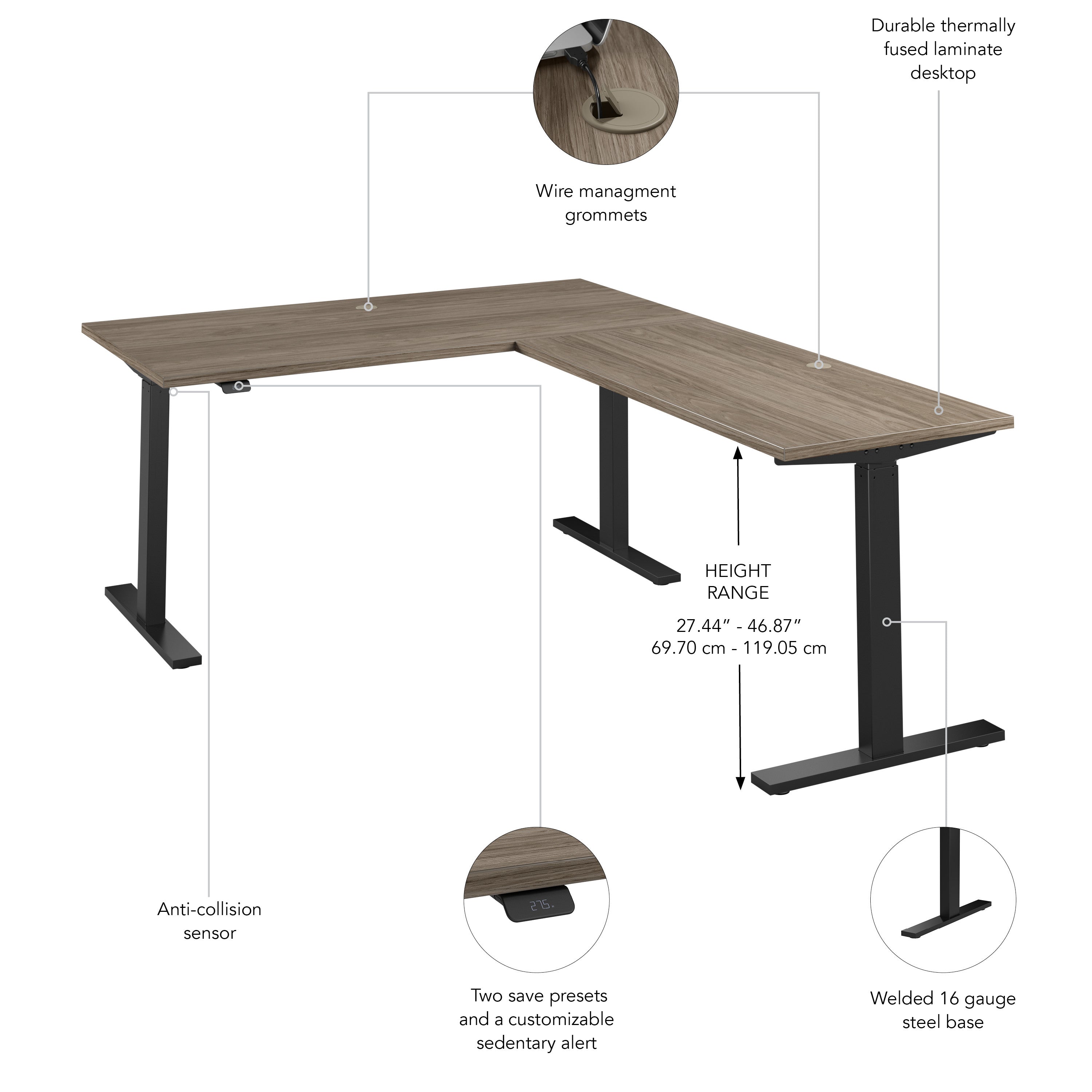 Bush Business Furniture Move 60 Series 60W Height Adjustable L Shaped Standing Desk in Modern Hickory with Black Base - 59.45" Width x 76.97" Depth x 27.44" Height