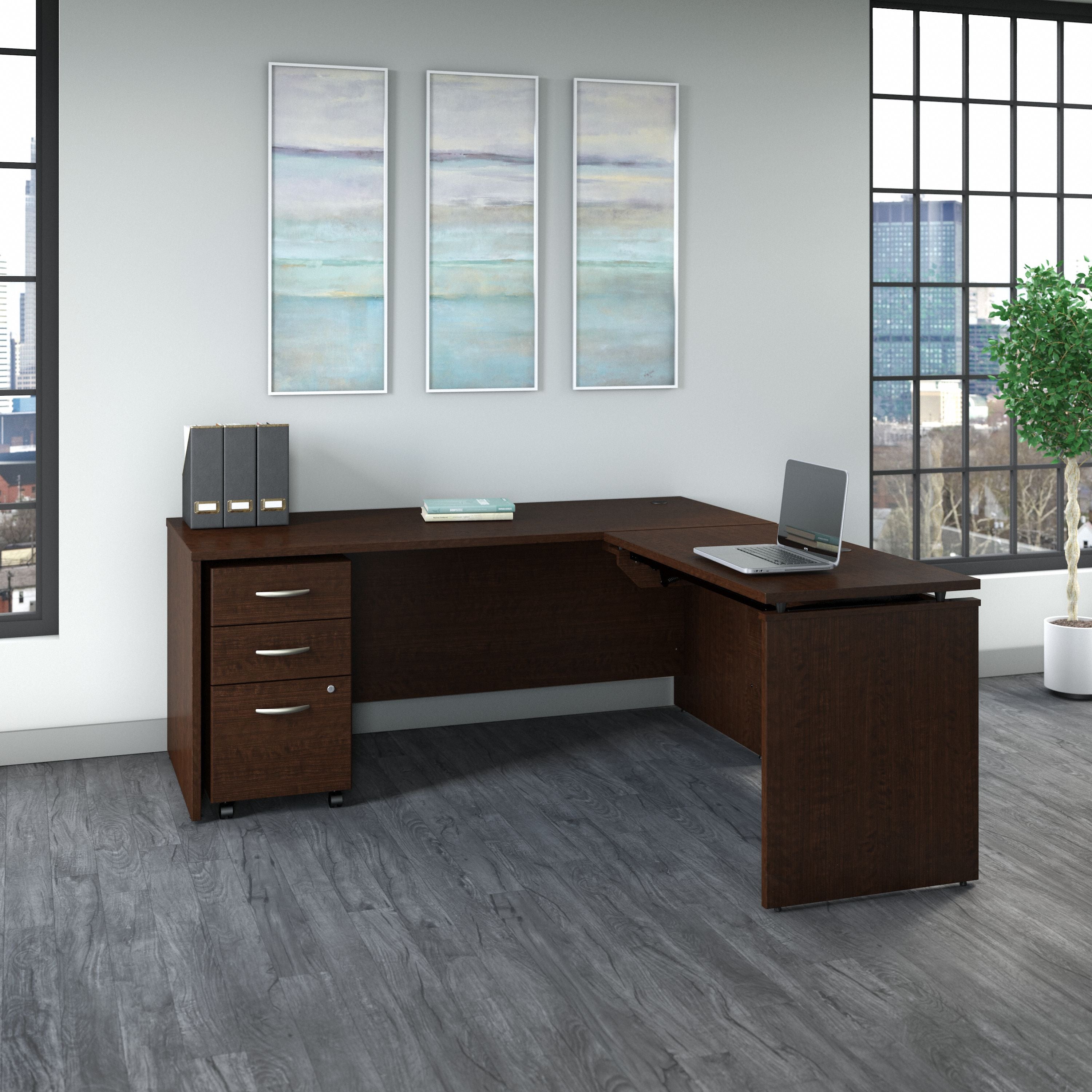Bush Business Furniture Series C 72W x 30D 3 Position Sit to Stand L Shaped Desk with Mobile File Cabinet in Mocha Cherry - 71.1" Width x 72.01" Depth x 29.84" Height