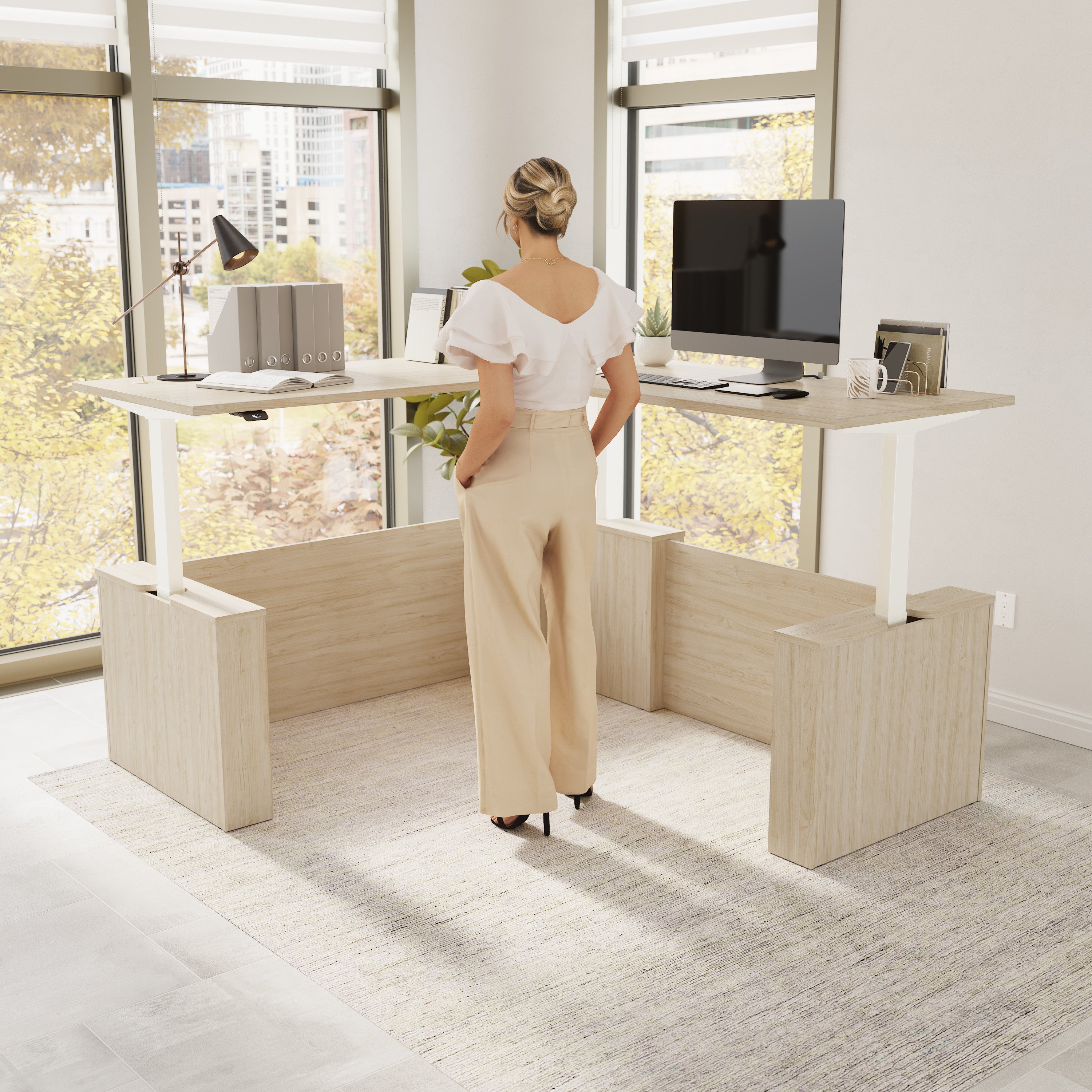 Bush Business Furniture Stratus&nbsp;72W x&nbsp;78D Electric Height Adjustable L Shaped Standing Desk in Natural Elm with White Base - 71.02" Width x 76.97" Depth x 27.44" Height