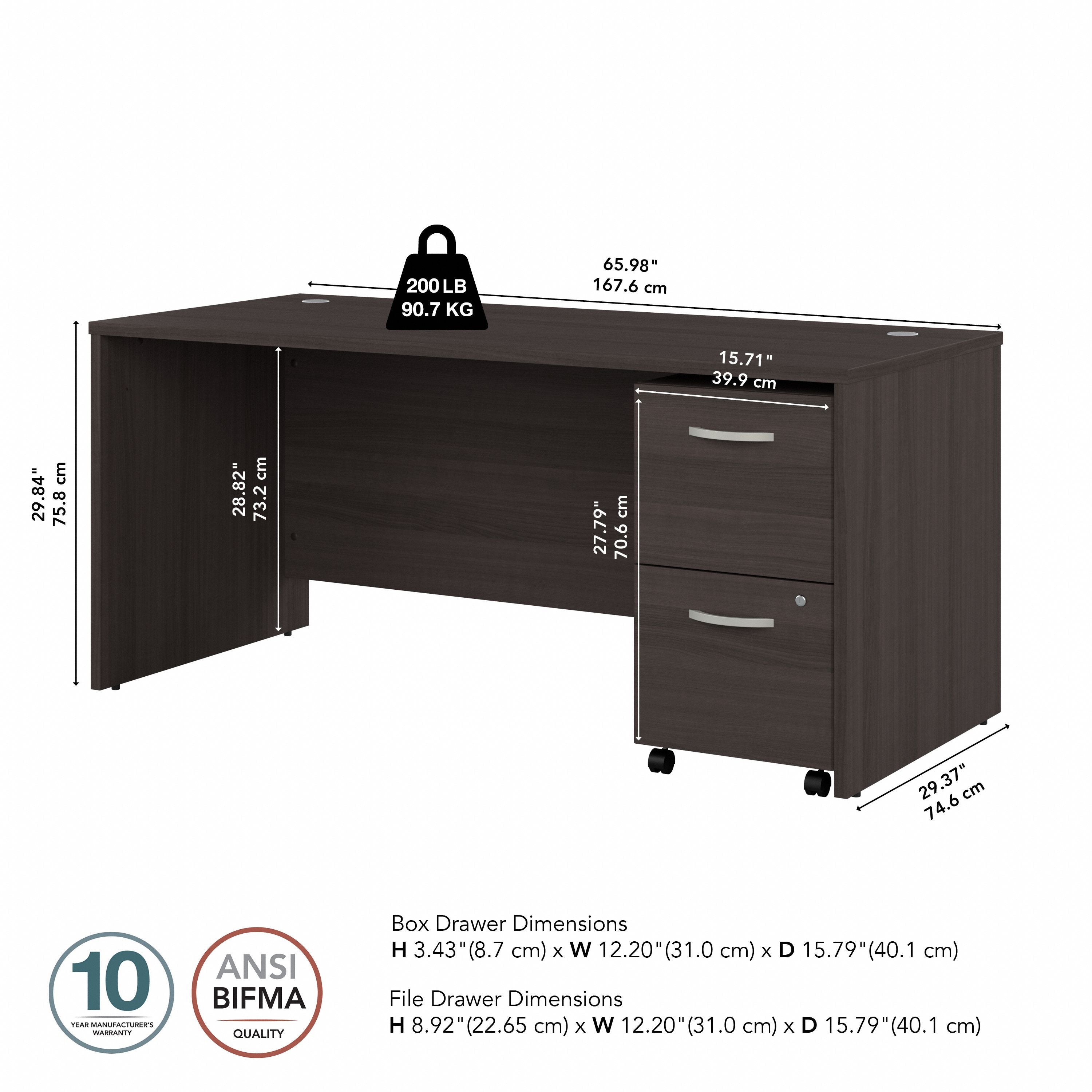 Bush Business Furniture Studio C 66W x 30D Office Desk with 2 Drawer Mobile File Cabinet in Storm Gray - 65.98" Width x 29.37" Depth x 29.84" Height