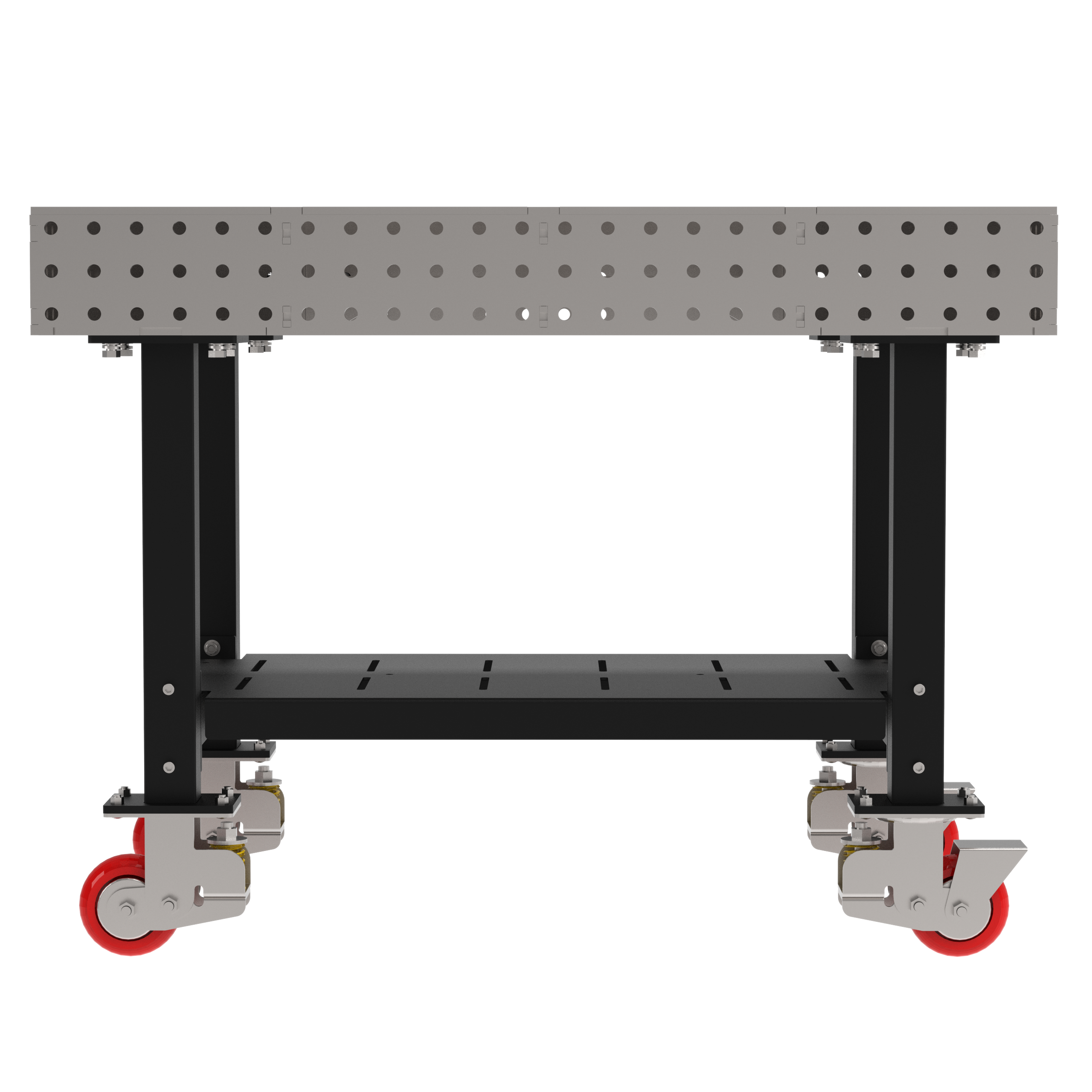 Welding Fixture Table, Fixed Height, 36"H x 48"L x 30"D, 1/4" Carbon Steel Top, Four Black Powdercoat Legs, Shelf, 4 Heavy Duty Suspension Casters (2 Locking/Swiveling Casters and 2 Non-Locking/Non-SwivelingCasters)