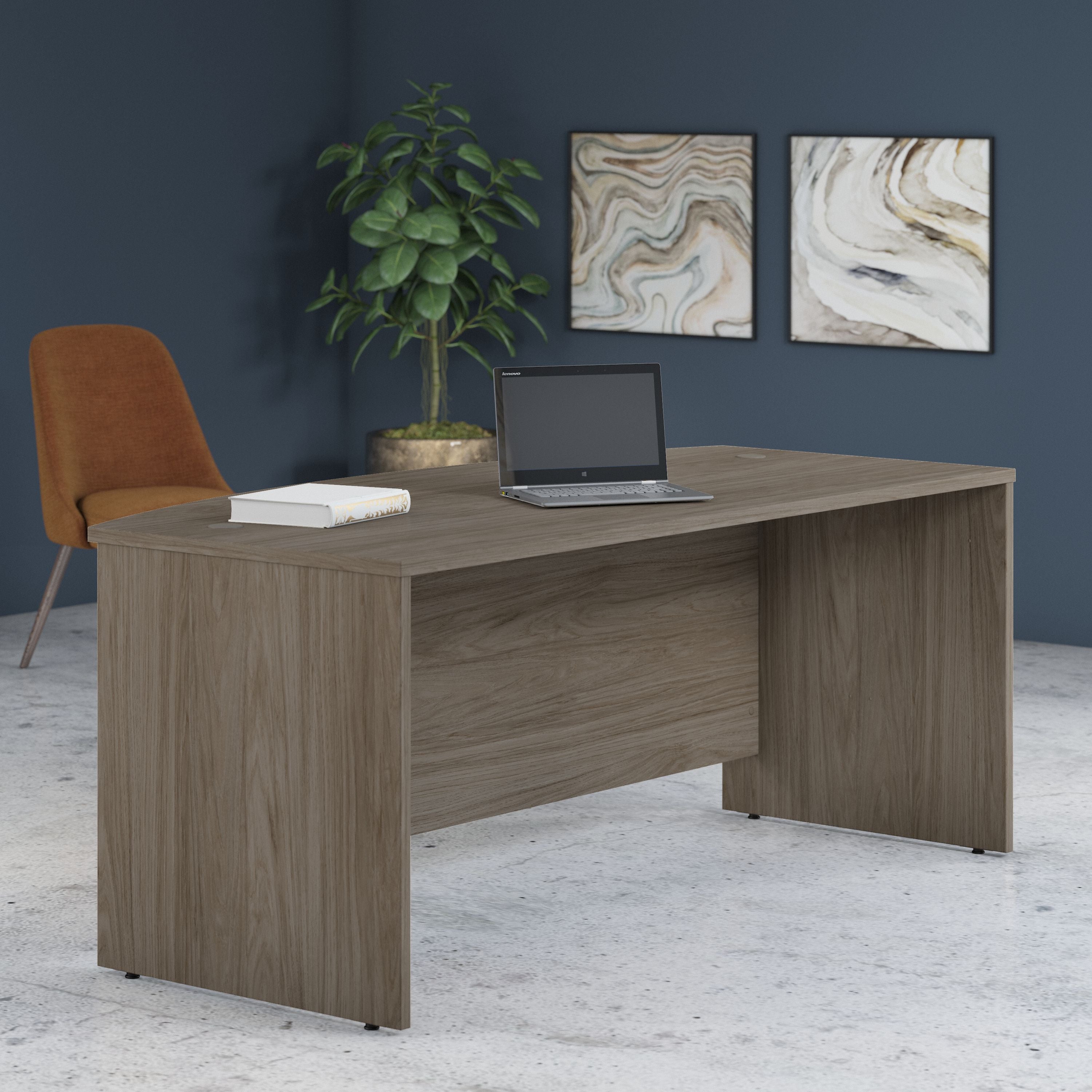Bush Business Furniture Studio C 72W x 36D Bow Front Desk in Modern Hickory - 71.02" Width x 35.43" Depth x 29.84" Height