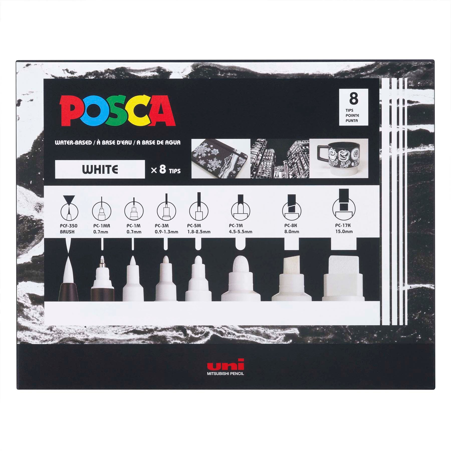 uni® POSCA PC-MIX Water-Based Paint Markers, Assorted White Tips, 8 Pack