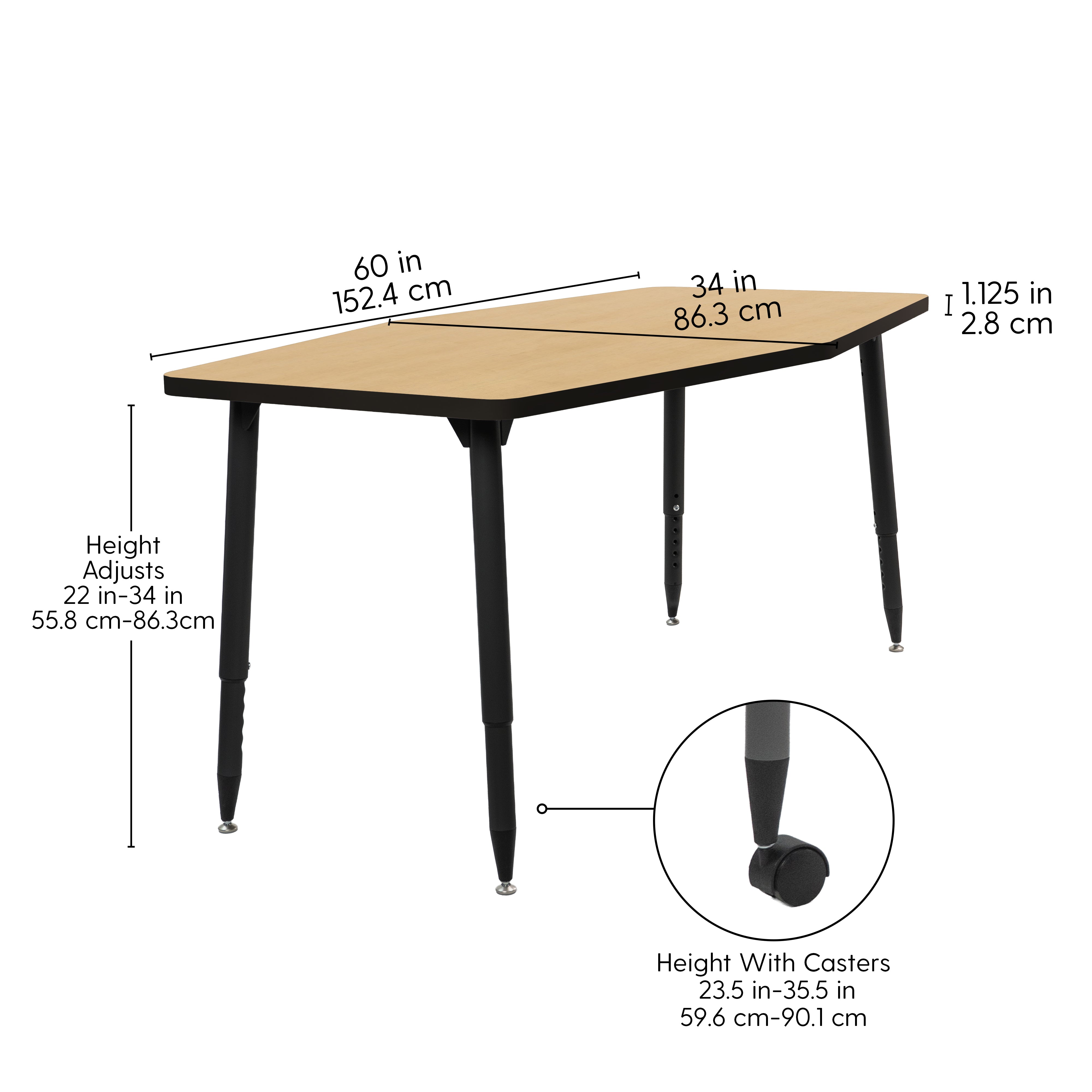 Adapte 34" x 60" Long Hexagon Thermofused Activity Table with Adjustable Tapered Legs - Maple/Black