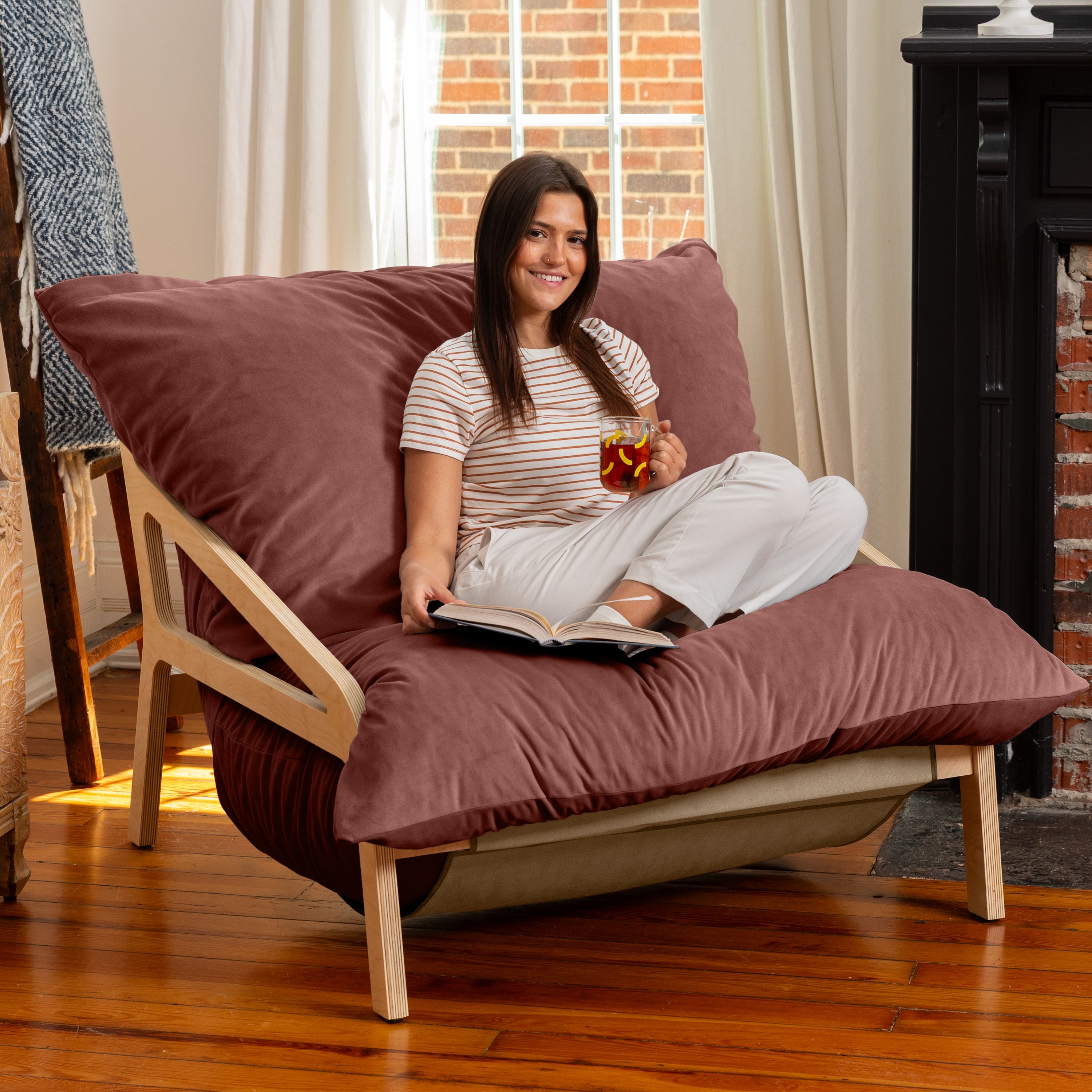 Pillow Saxx Dream Lounger with Wood Frame - 3-in-1 Bean Bag Accent Chair, Recliner & Sleeper, Lush Velvet Mauve