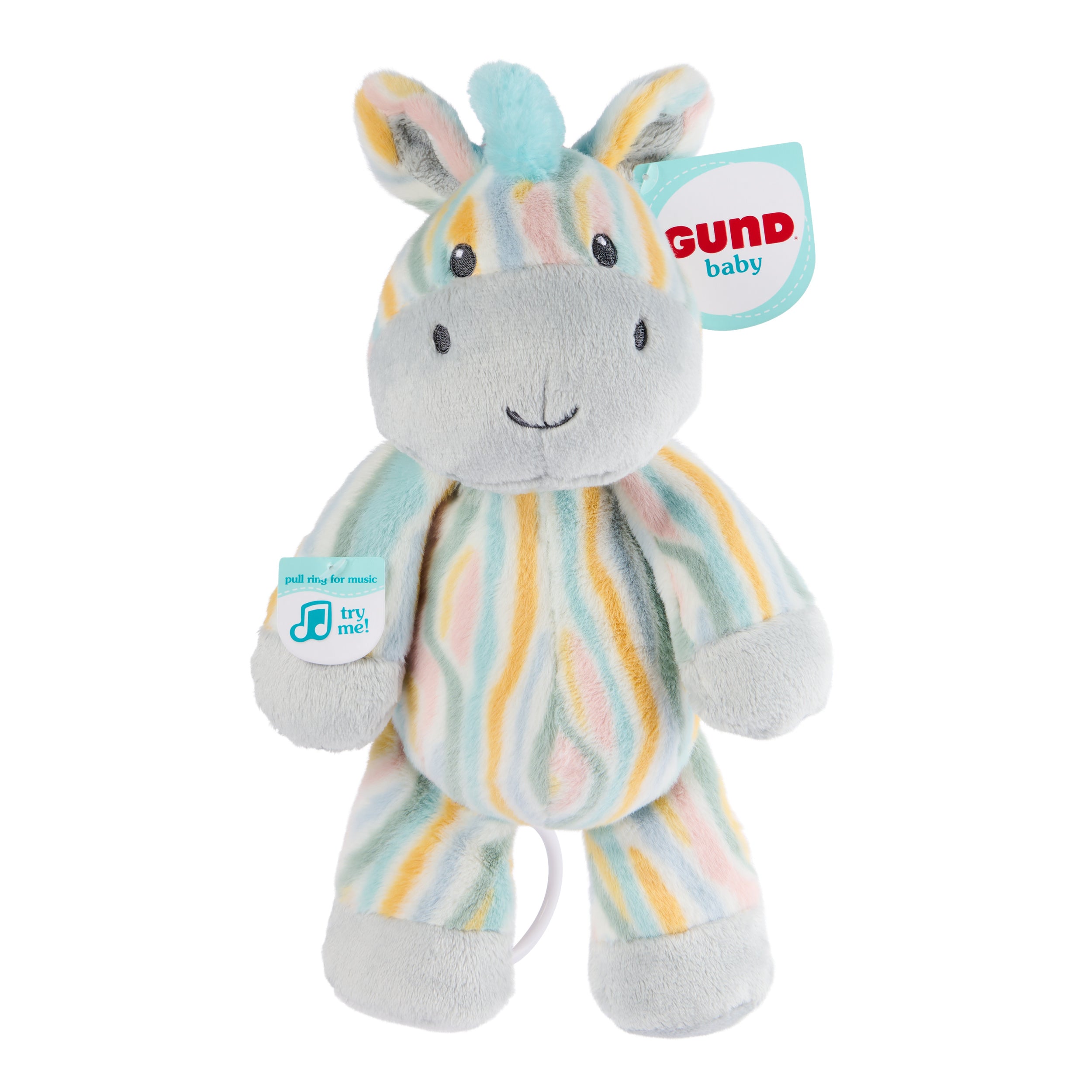 Baby GUND Safari Friends Zebra Pull-Down Musical Plush, Travel Friendly Sensory Toy with Stroller Loop for Ages 0 and Up, Rainbow, 12”