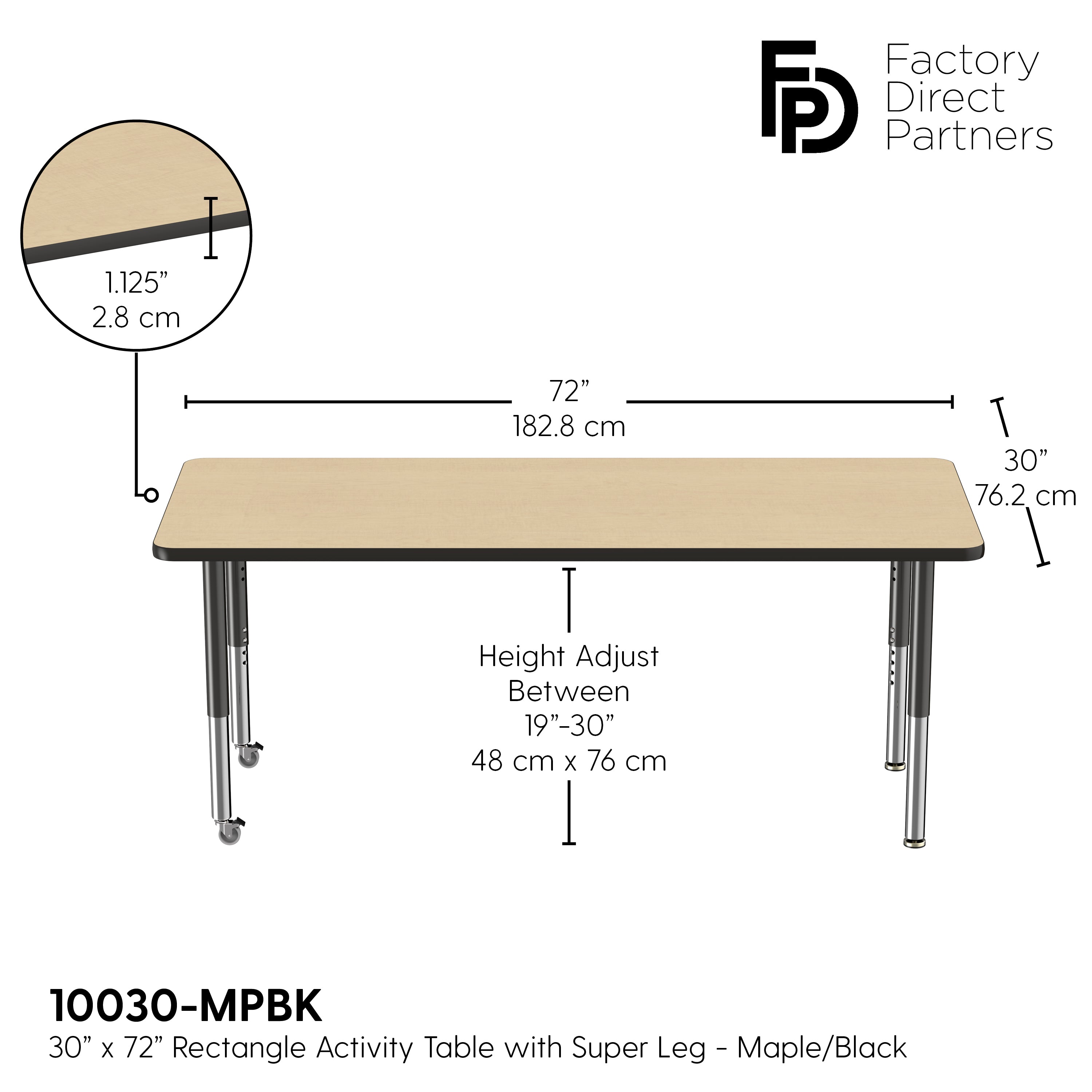 30" x 72" Rectangle T-Molding Activity Table with Adjustable Super Legs - Maple/Black
