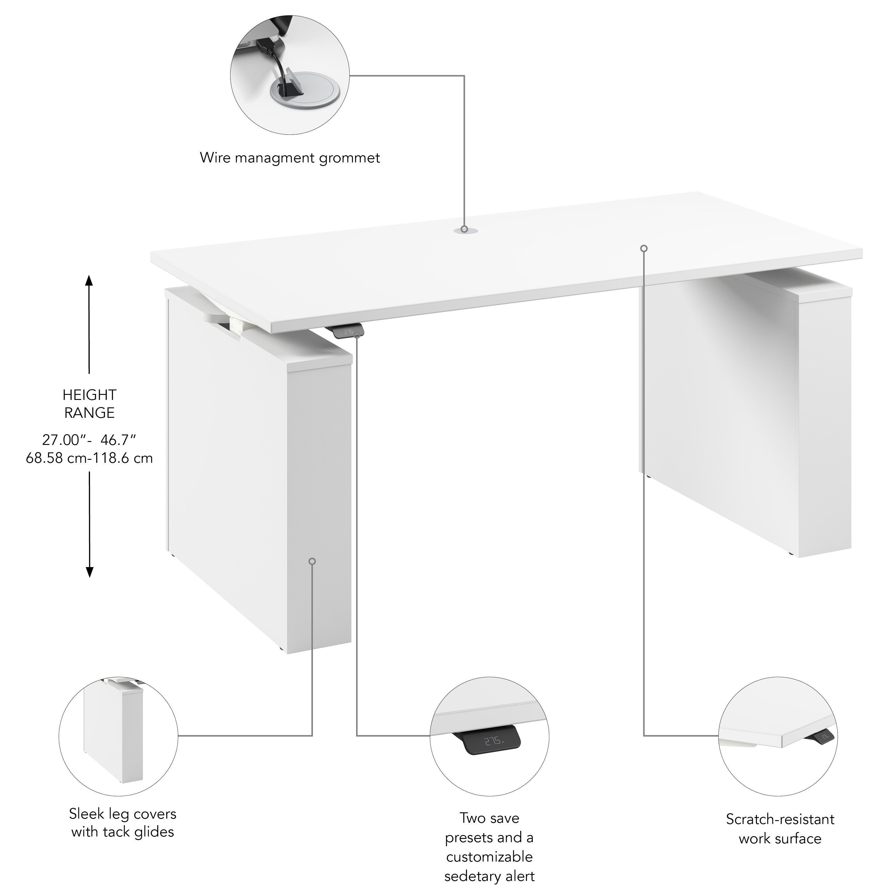 Bush Business Furniture Stratus&nbsp;60W x&nbsp;30D Electric Height Adjustable Standing Desk in White with White Base - 59.45" Width x 29.37" Depth x 27.44" Height
