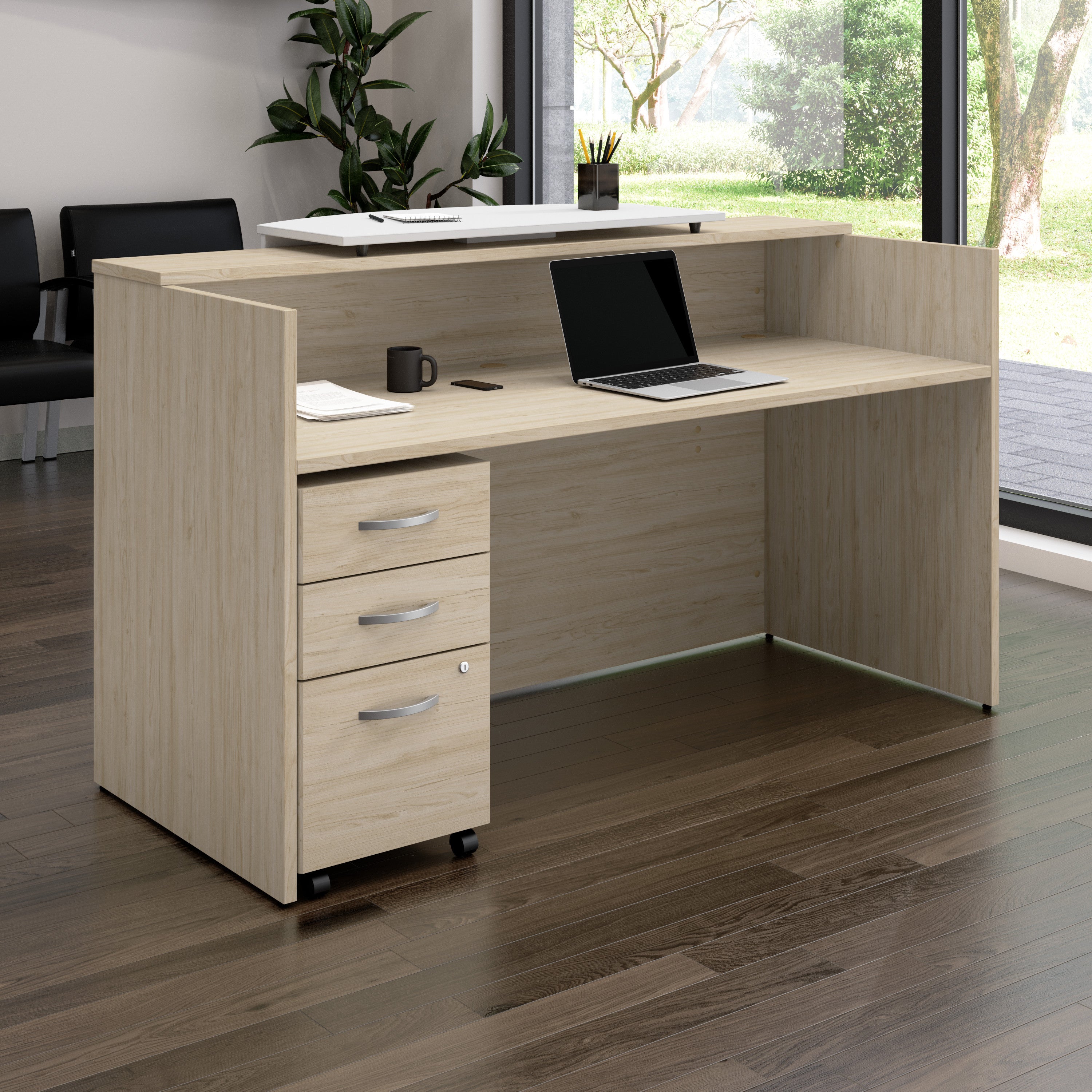 Bush Business Furniture Arrive 72W x 30D Reception Desk with Counter and Mobile File Cabinet in Natural Elm - 71.02" Width x 29.49" Depth x 40.35" Height