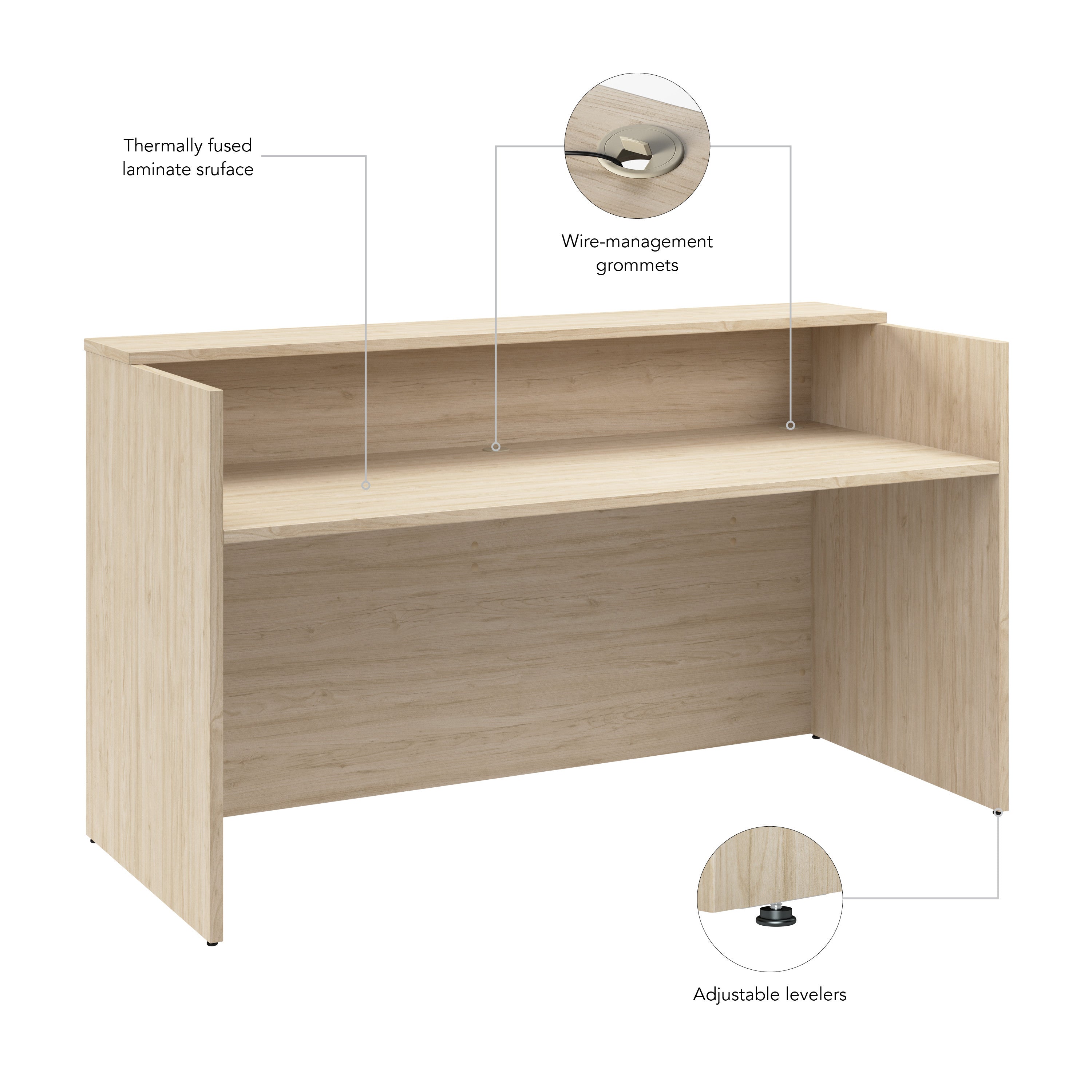 Bush Business Furniture Arrive 72W x 30D Reception Desk with Shelf in Natural Elm - 71.02" Width x 29.49" Depth x 40.35" Height