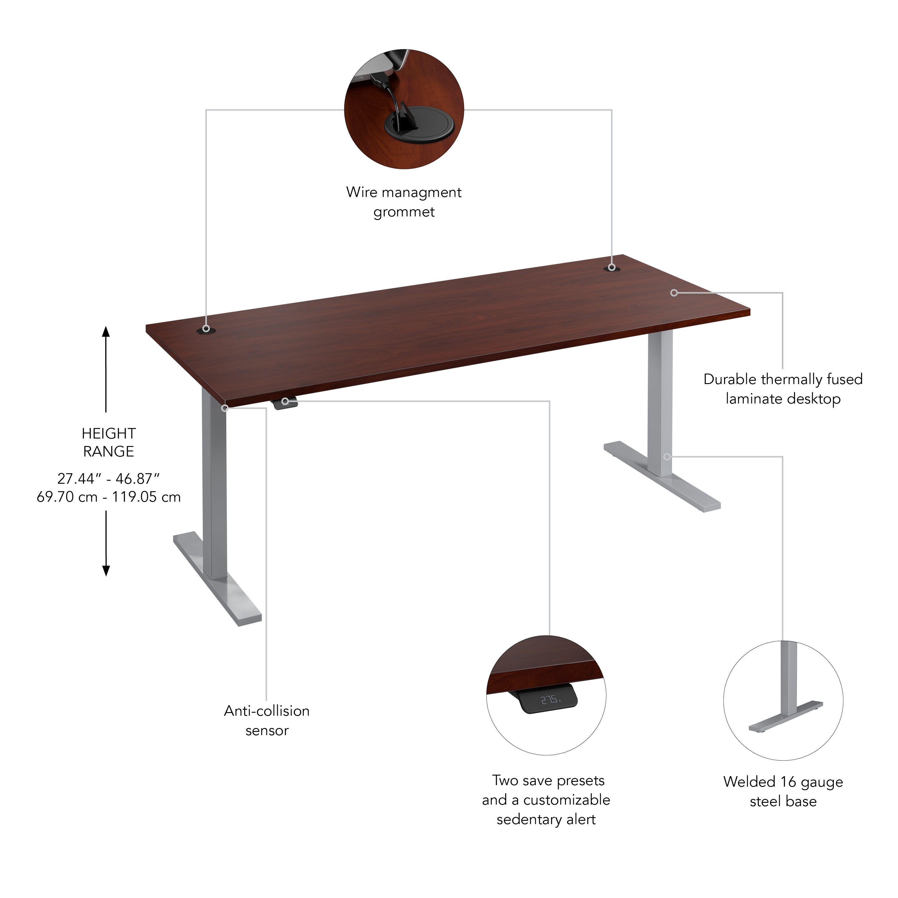 Bush Business Furniture Move 60 Series 72W x 30D Electric Height Adjustable Standing Desk in Hansen Cherry with Metallic Gray Base - 71.02" Width x 29.37" Depth x 47.69" Height