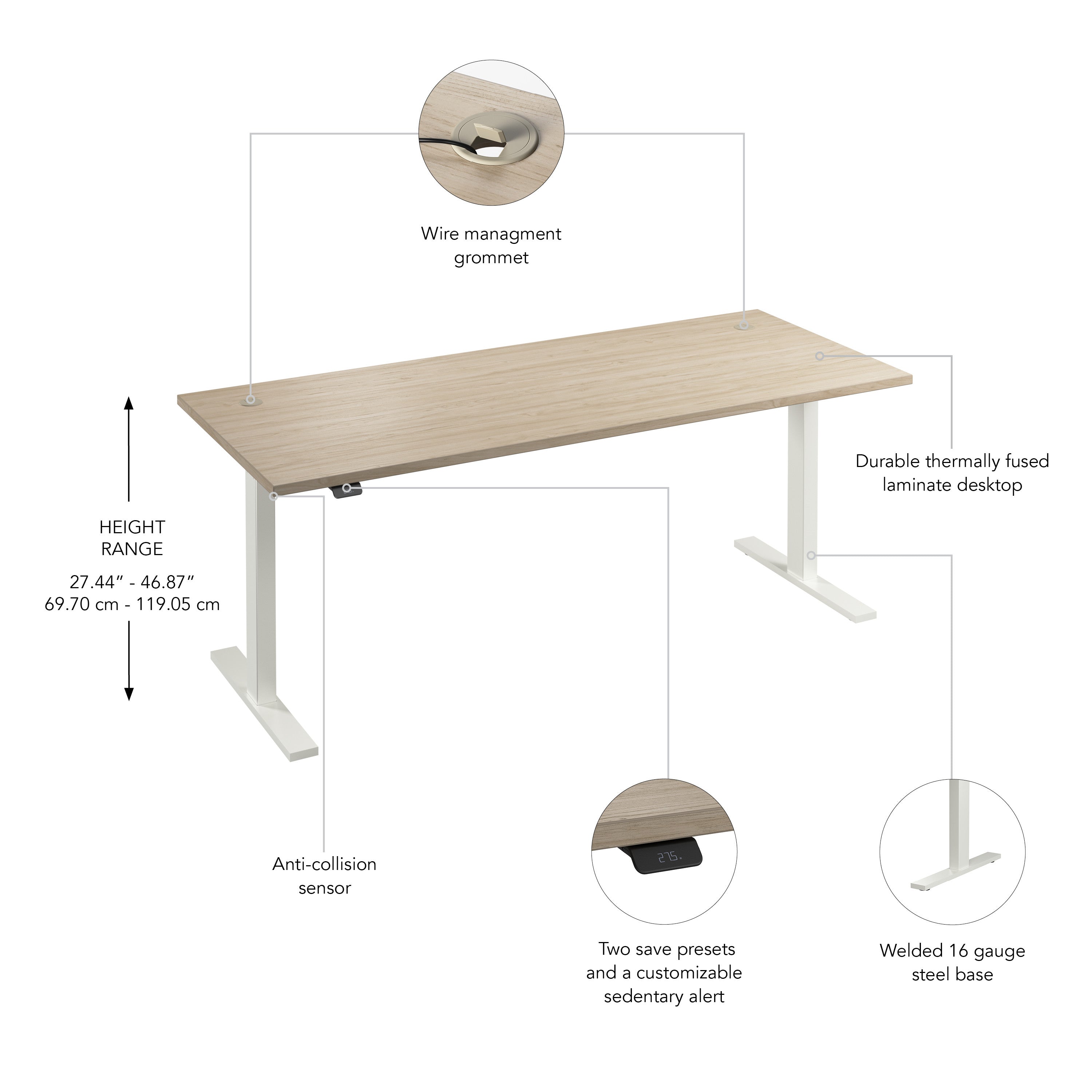 Bush Business Furniture Move 60 Series 72W x 30D Electric Height Adjustable Standing Desk in Natural Elm with White Base - 71.02" Width x 29.37" Depth x 27.44" Height