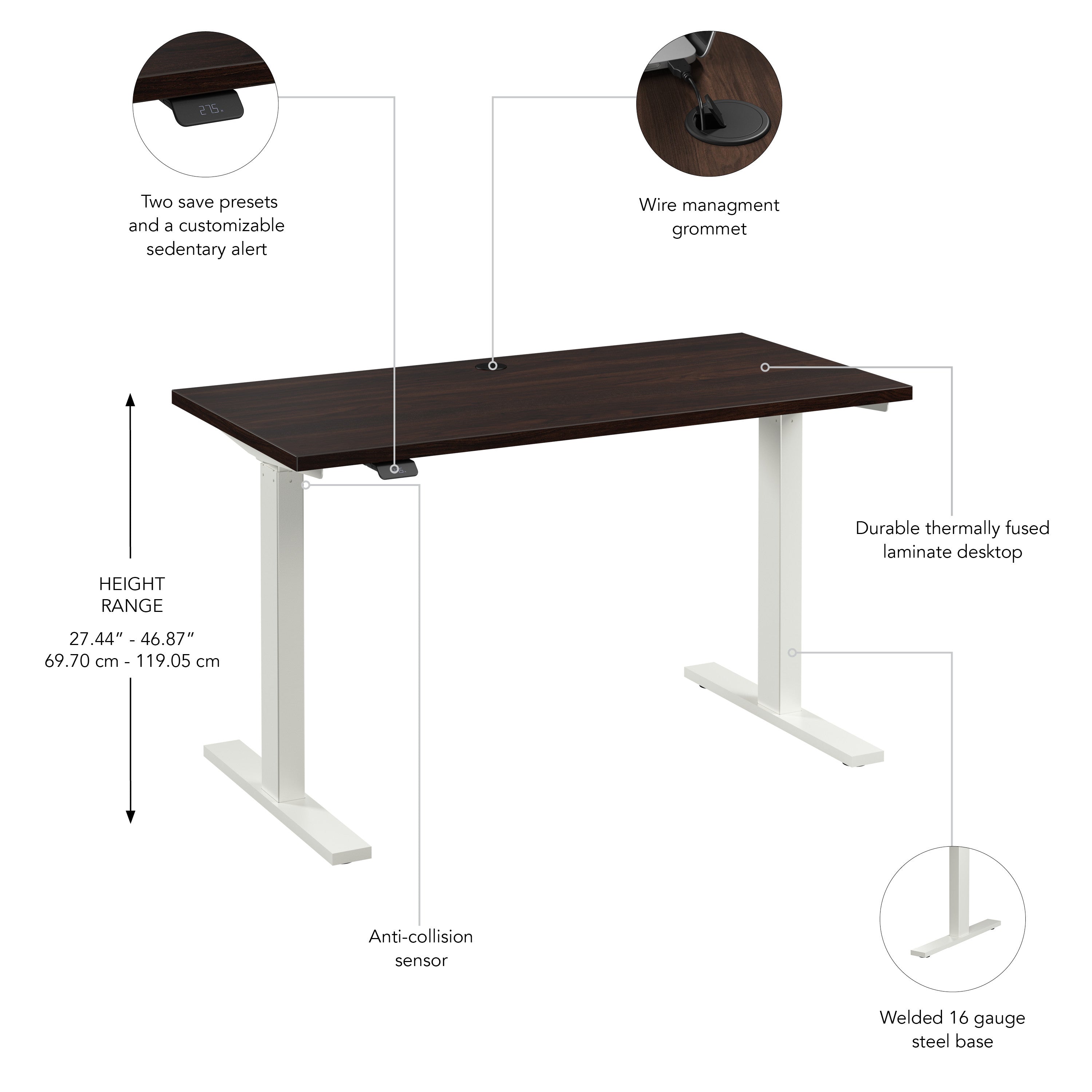 Bush Business Furniture Move 60 Series 48W x 24D Electric Height Adjustable Standing Desk in Black Walnut with White Base - 47.6" Width x 23.62" Depth x 27.44" Height