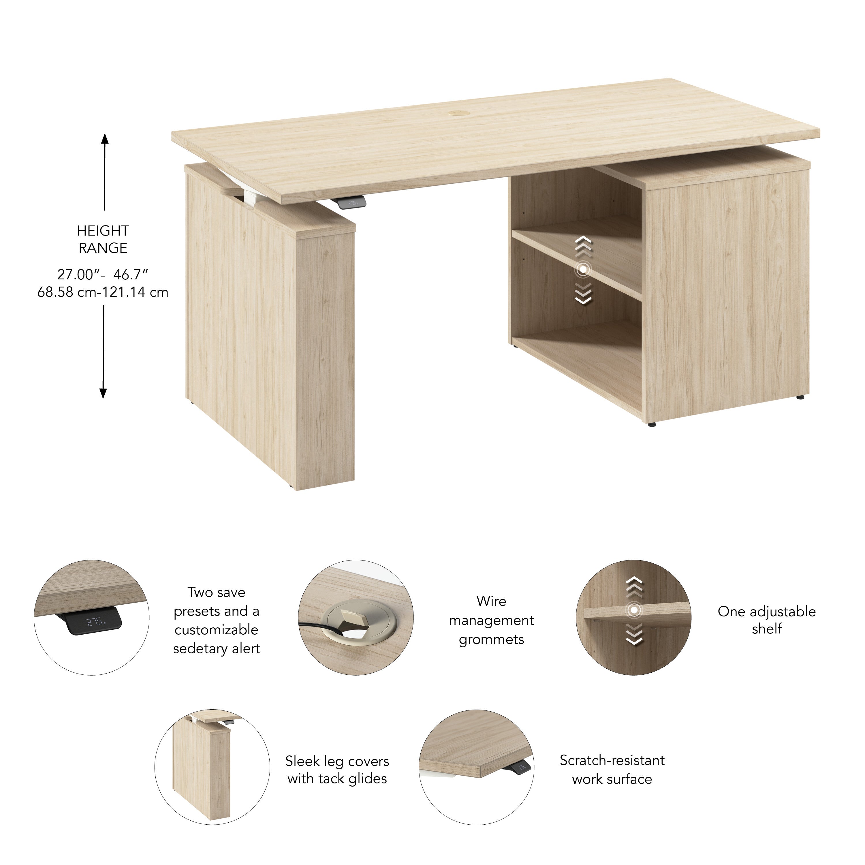 Bush Business Furniture Stratus&nbsp;60W x&nbsp;30D Electric Height Adjustable Standing Desk with Bookcase in Natural Elm with White Base - 59.45" Width x 29.37" Depth x 27.44" Height