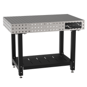 Welding Fixture Table, Fixed Height, 36"H x 48"L x 30"D, 1/4" Carbon Steel Top, Four Black Powdercoat Legs, Shelf, Self-Leveling Feet