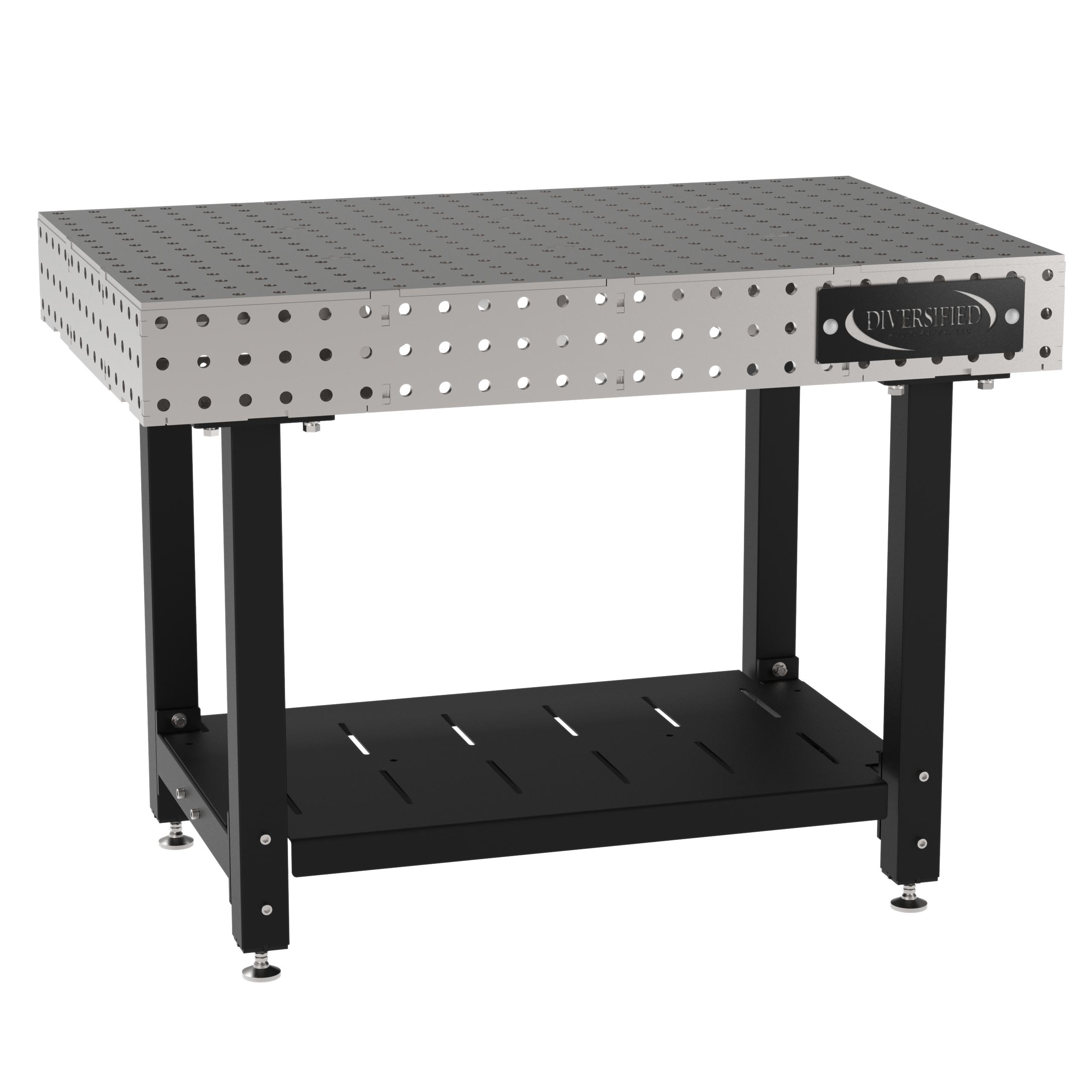 Welding Fixture Table, Fixed Height, 36"H x 48"L x 30"D, 1/4" Carbon Steel Top, Four Black Powdercoat Legs, Shelf, Self-Leveling Feet