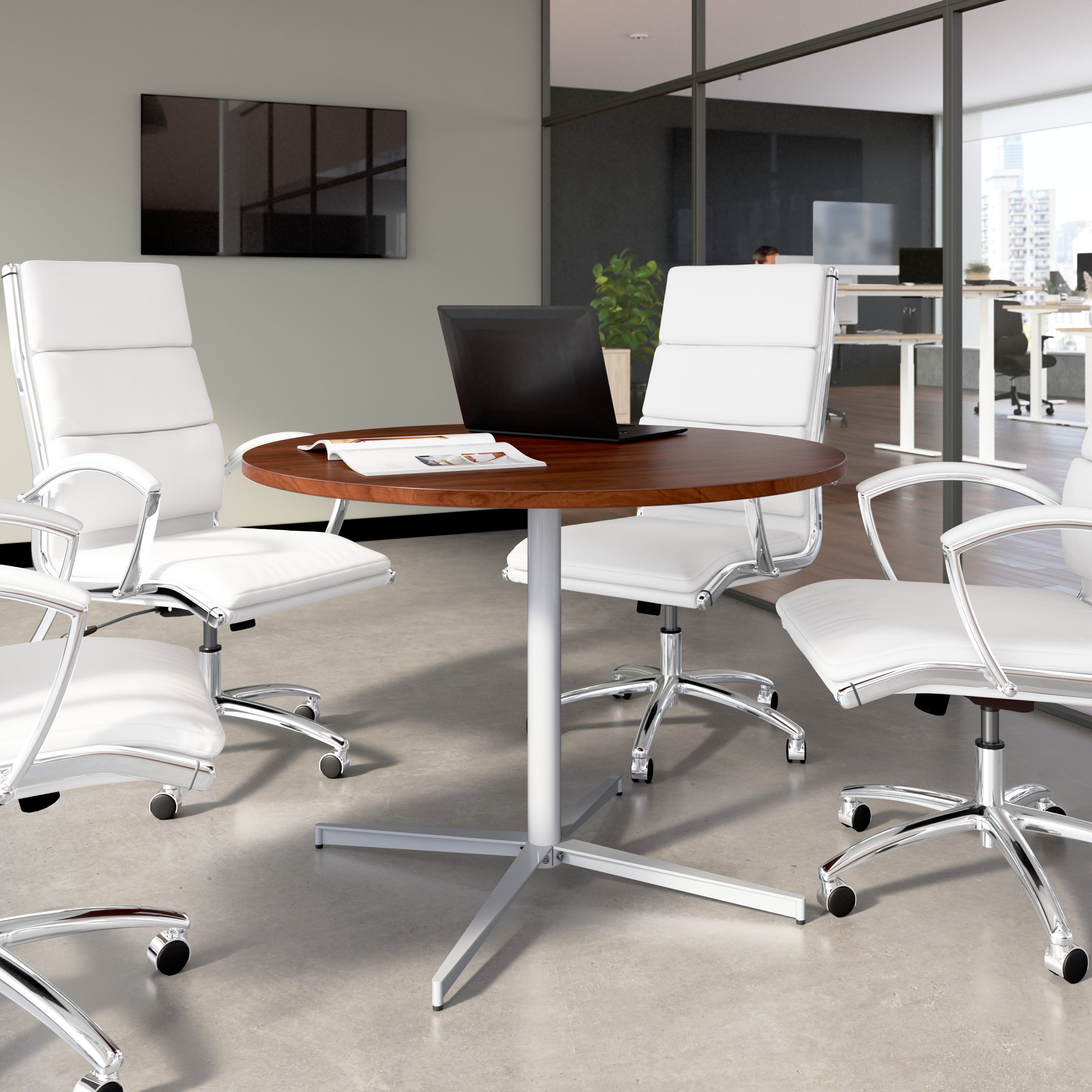 Bush Business Furniture 42-inch Round Conference Table with Metal Base in Hansen Cherry - 41.38" Width x 41.38" Depth x 30.33" Height