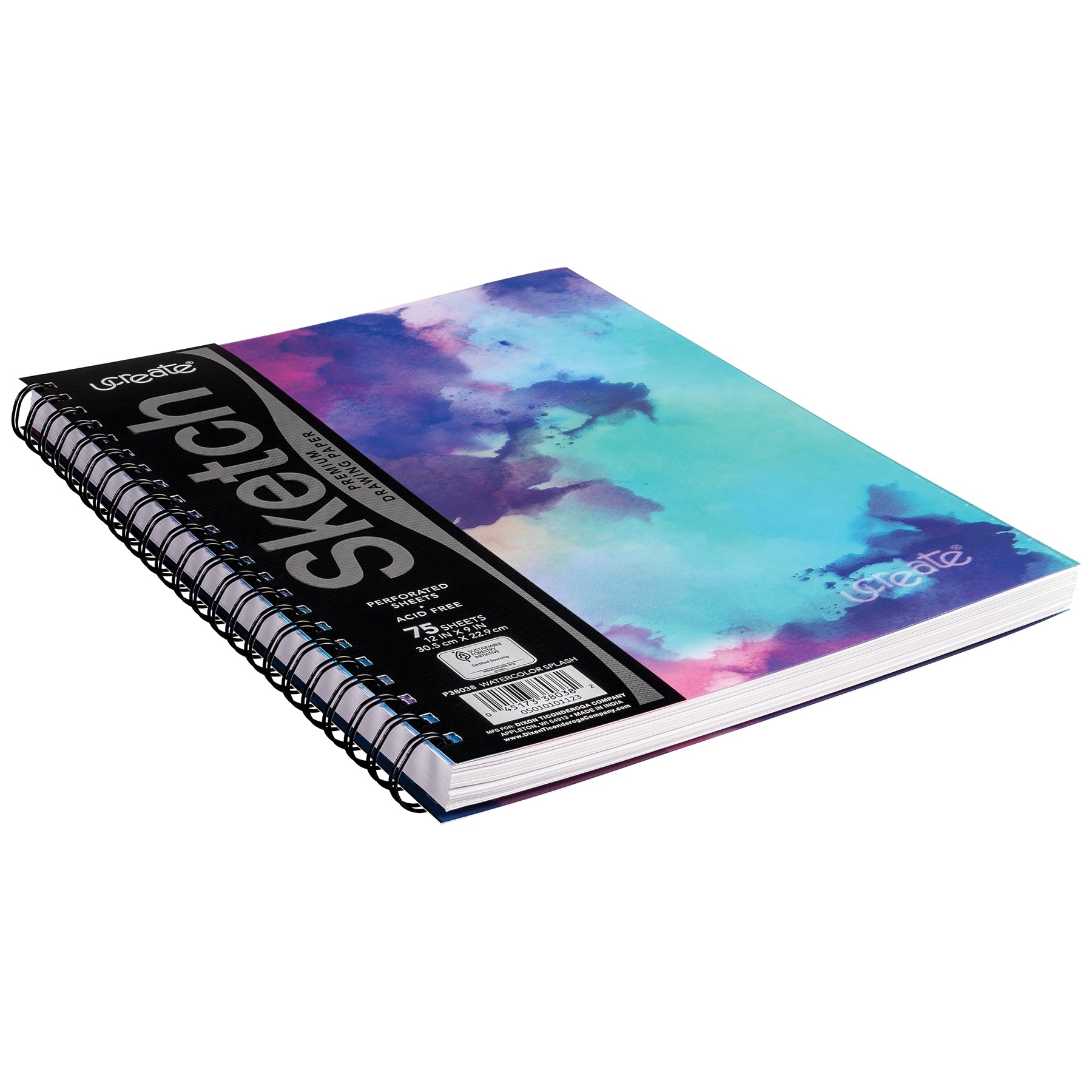 Fashion Poly Sketch Book, Watercolor Splash, Unruled, 12" x 9"