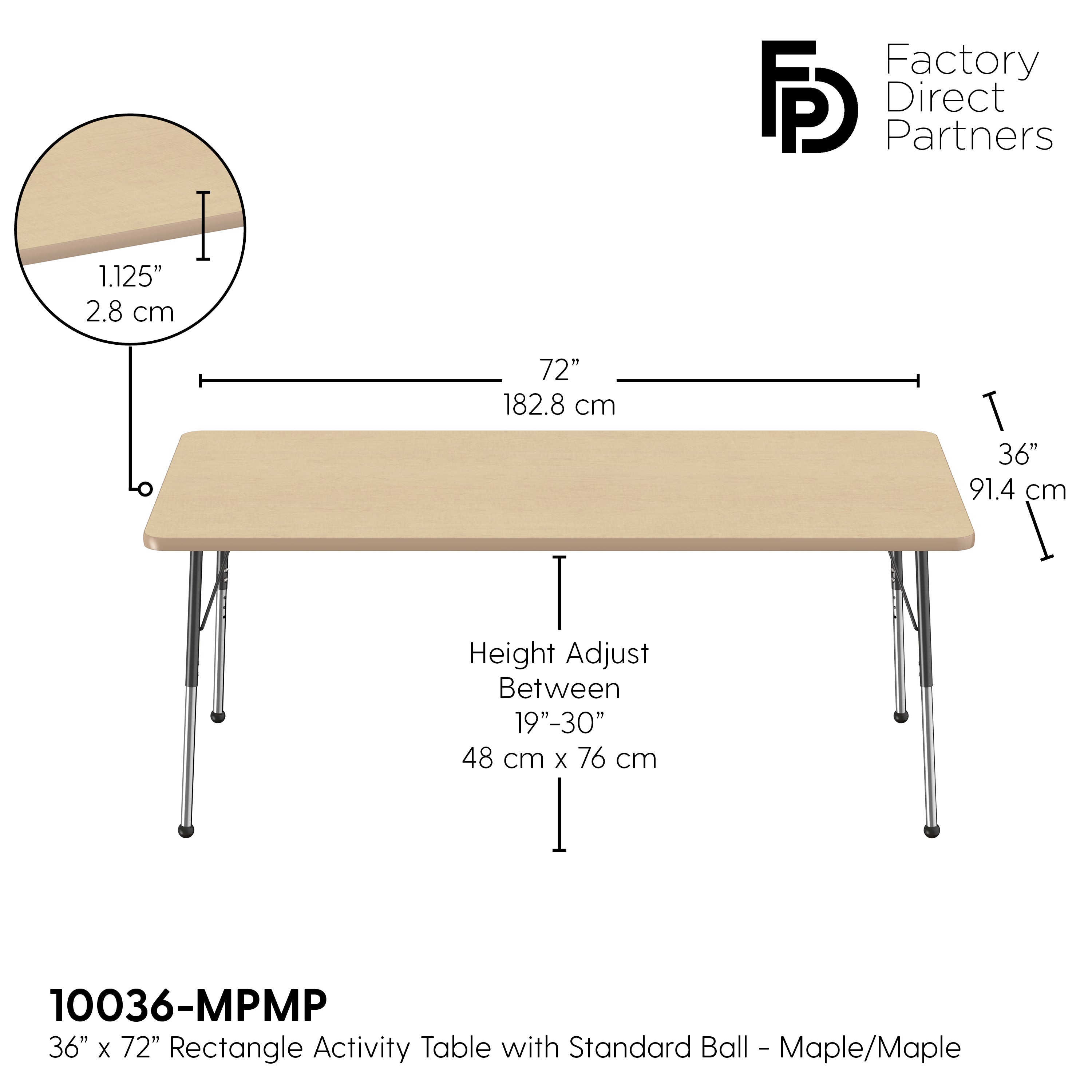 36" x 72" Rectangle T-Molding Activity Table with Adjustable Standard Ball Glide Legs - Maple/Maple/Black