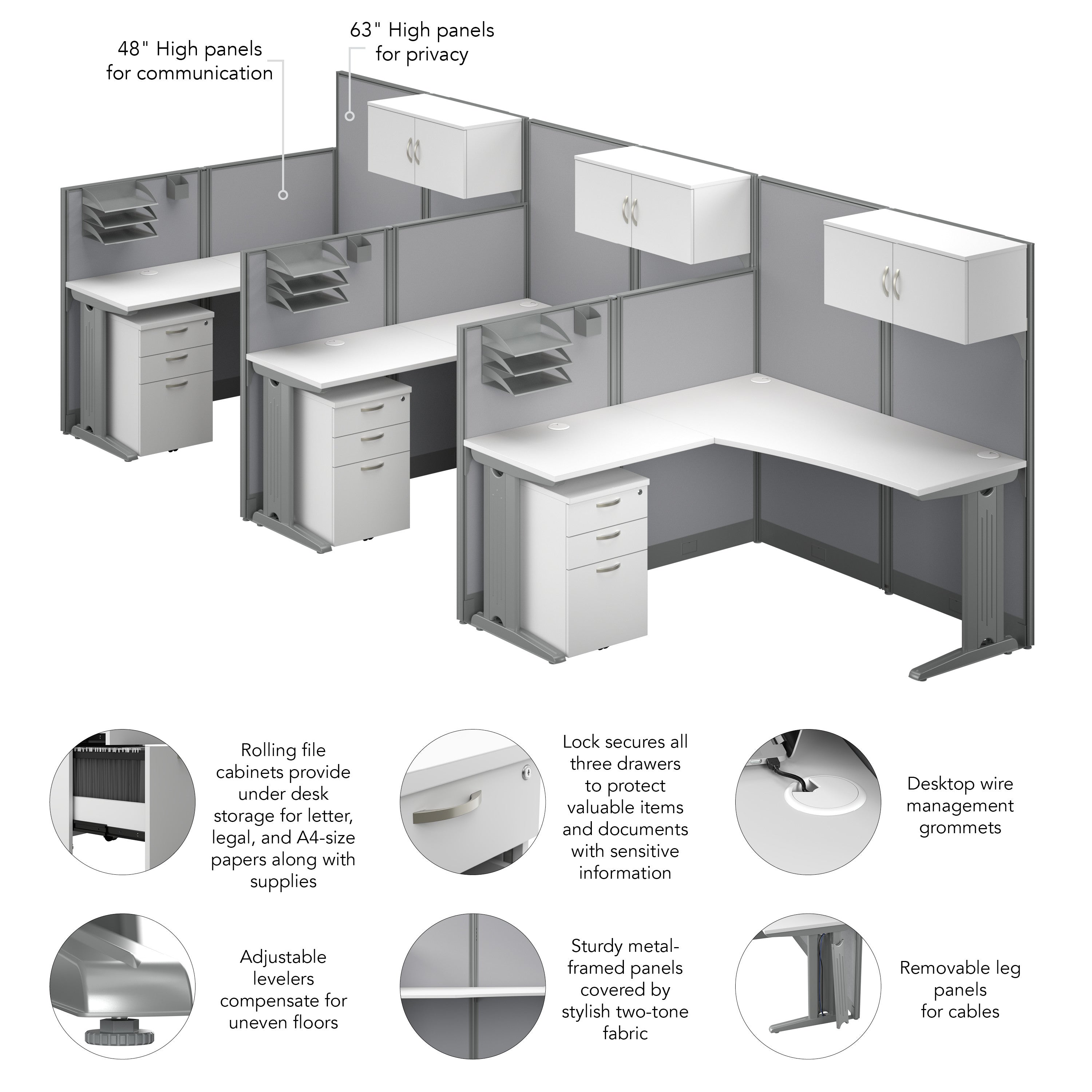 Bush Business Furniture Office in an Hour 3 Person L Shaped Cubicle Desks with Storage, Drawers, and Organizers in Pure White - 193.47" Width x 64.48" Depth x 62.86" Height