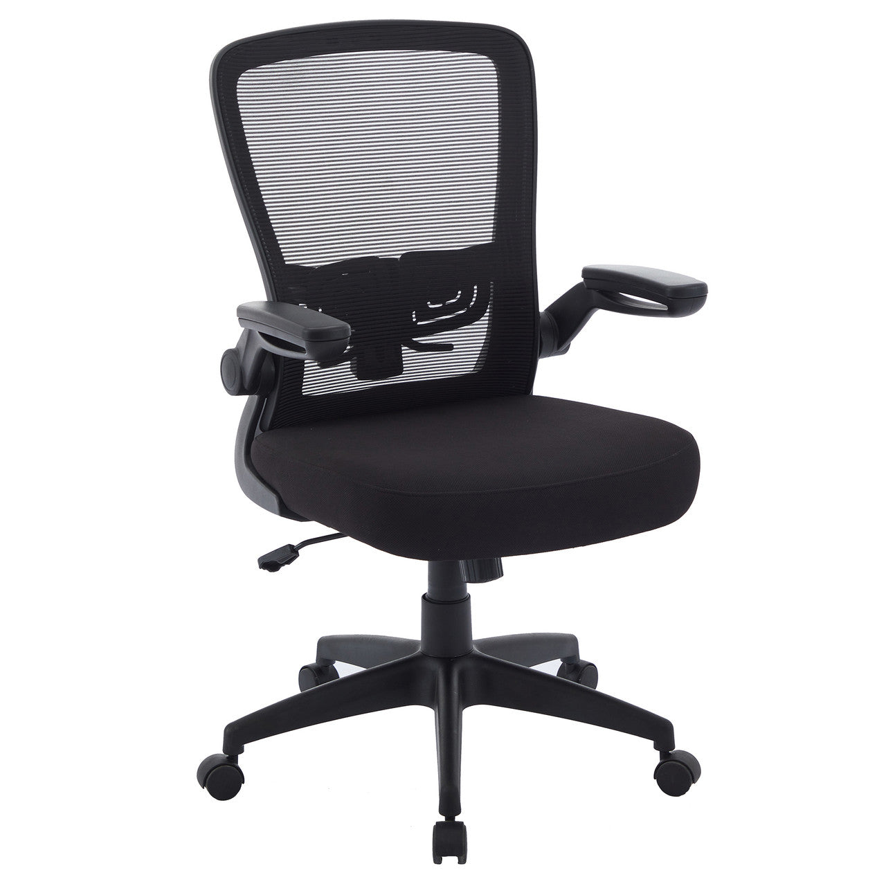 OfficeSource Finn Flip Arm Mesh Back Task Chair with Black Frame - Black Fabric Seat