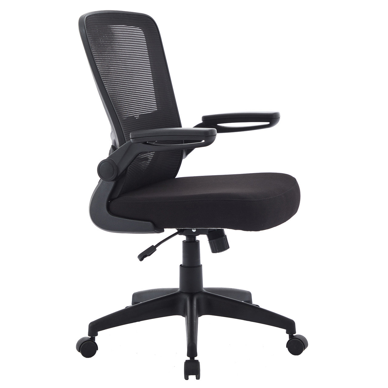 OfficeSource Finn Flip Arm Mesh Back Task Chair with Black Frame - Black Fabric Seat