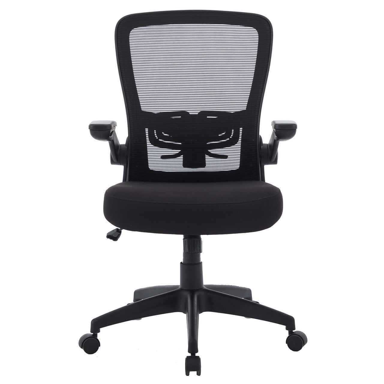 OfficeSource Finn Flip Arm Mesh Back Task Chair with Black Frame - Black Fabric Seat