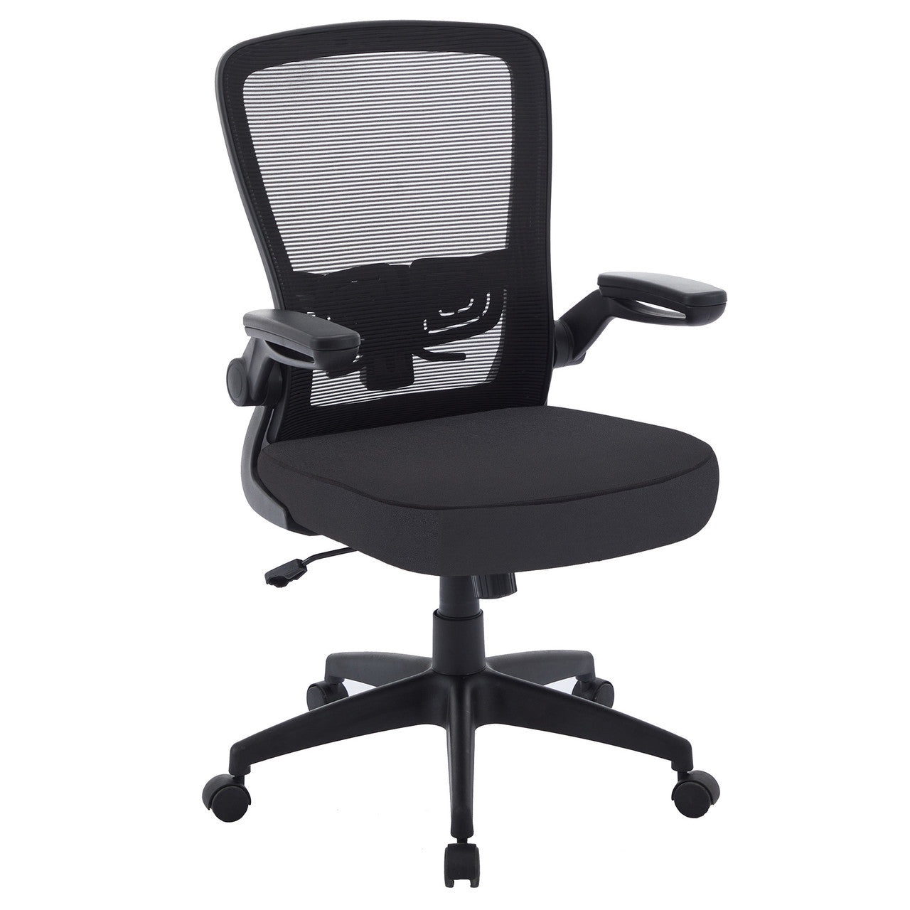 OfficeSource Finn Flip Arm Mesh Back Task Chair with Black Frame - Black Vinyl Seat