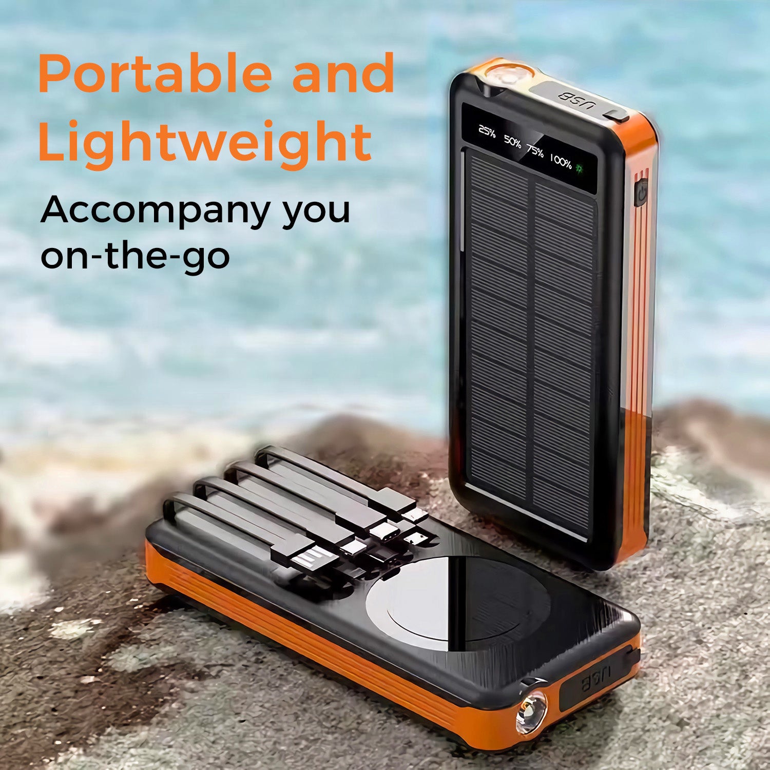10000mAh Solar Power Bank with Wireless Charging and Built-in Cables, Orange