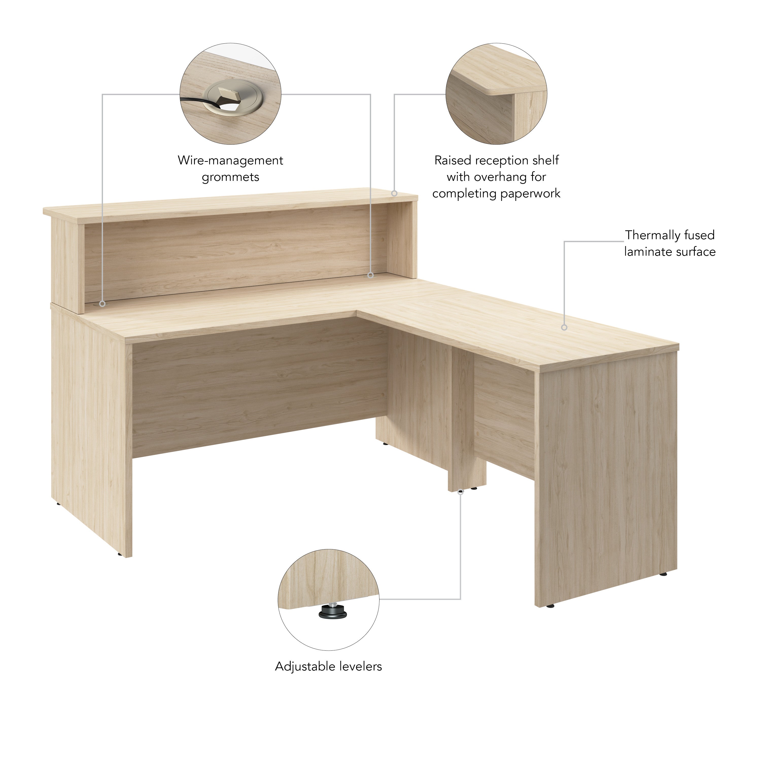 Bush Business Furniture Arrive 60W x 72D L Shaped Reception Desk with Shelf in Natural Elm - 59.45" Width x 71.02" Depth x 43.71" Height