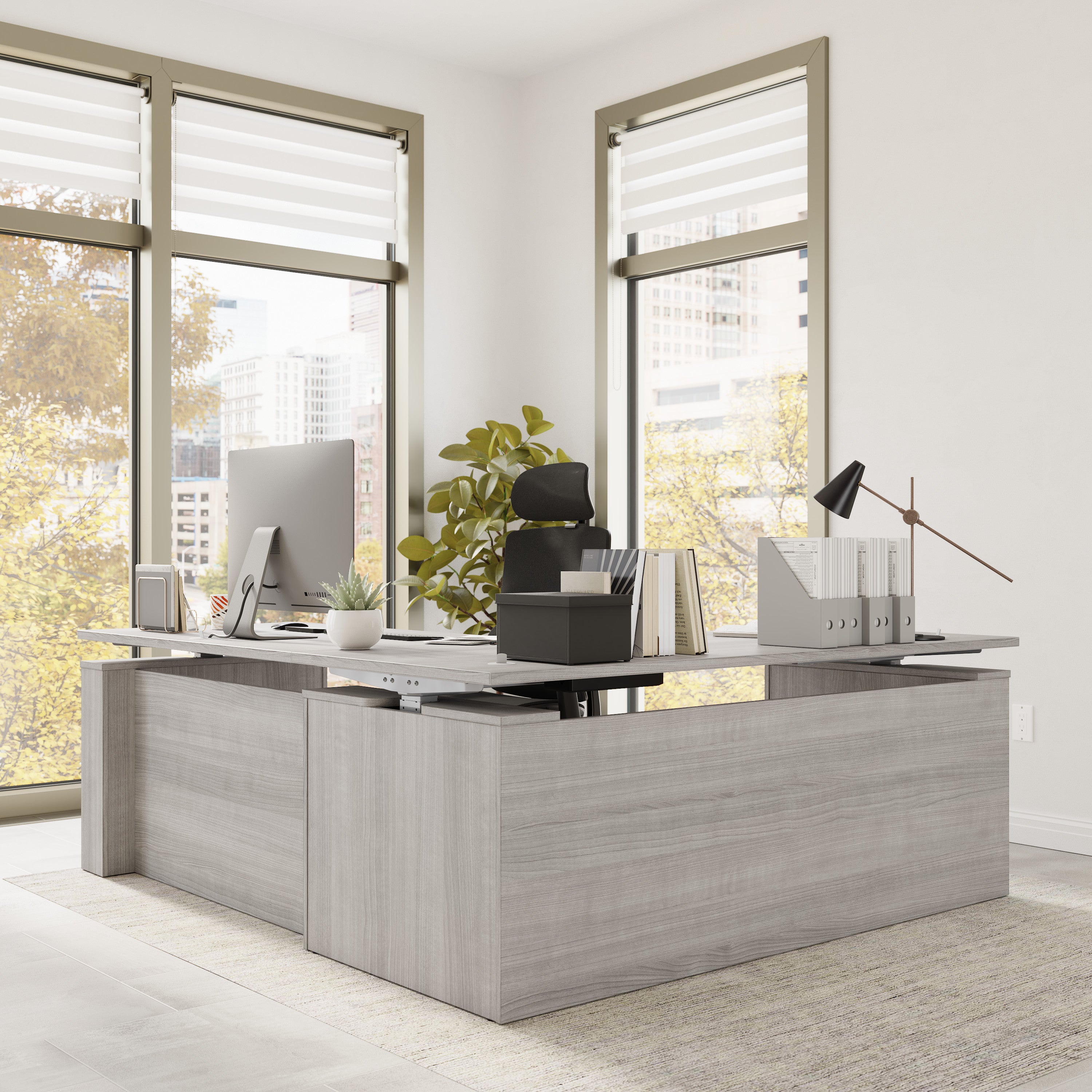 Bush Business Furniture Stratus&nbsp;72W x&nbsp;78D Electric Height Adjustable L Shaped Standing Desk in Platinum Gray with Metallic Gray Base - 71.02" Width x 76.97" Depth x 27.44" Height