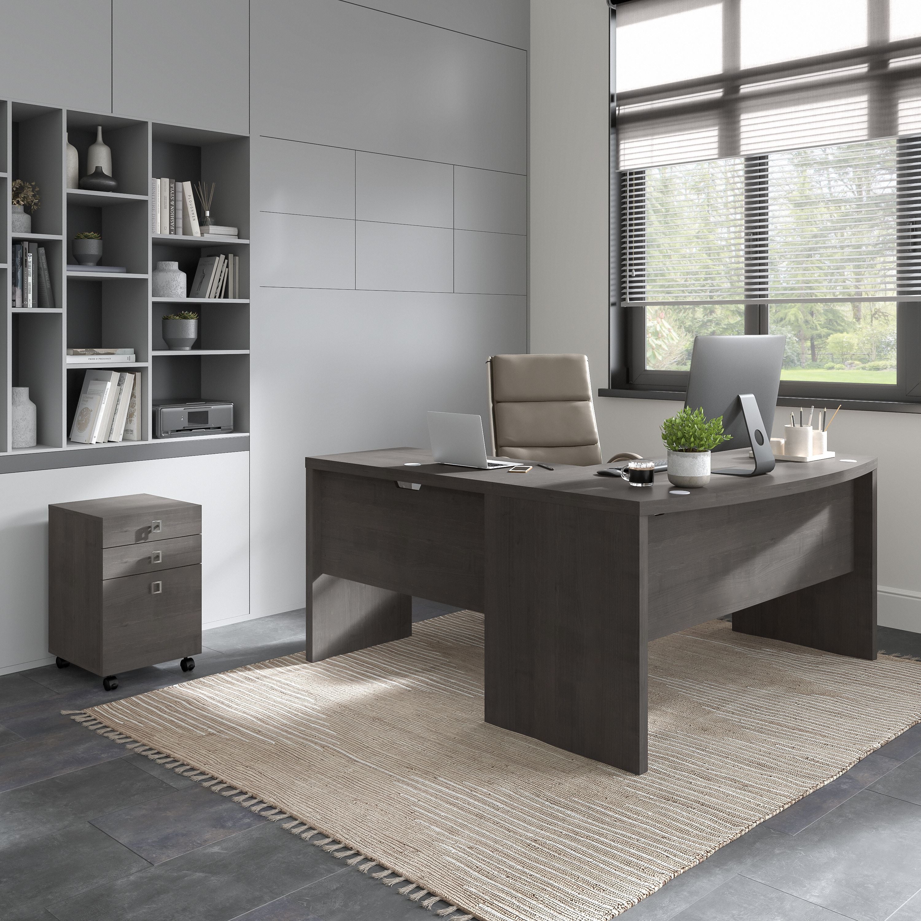 Bush Business Furniture Echo L Shaped Bow Front Desk with Mobile File Cabinet in Charcoal Maple - 60" Width x 64.02" Depth x 30" Height