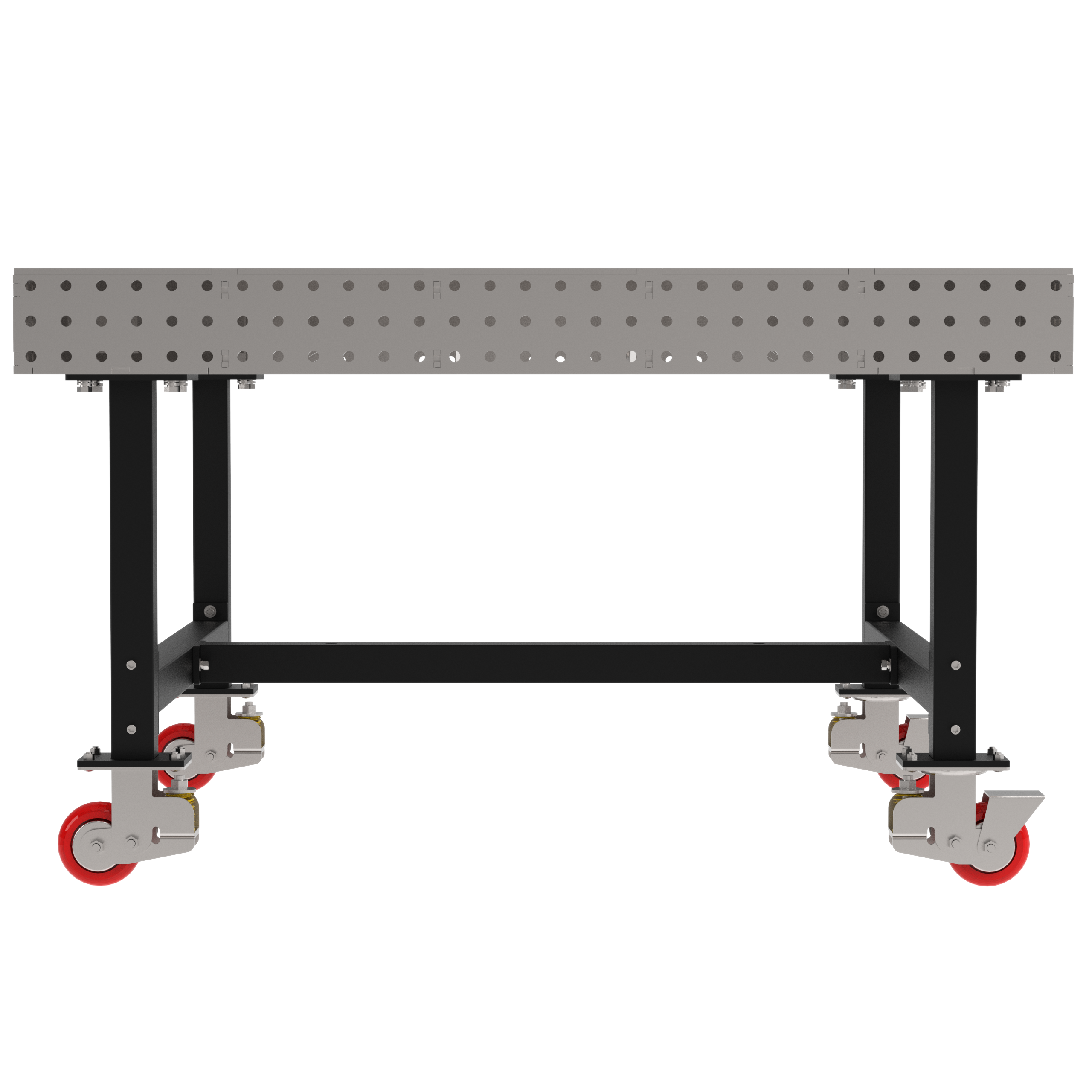 Welding Fixture Table, Fixed Height, 36"H x 60"L x 60"D, 1/4" Carbon Steel Top, Four Black Powdercoat Legs, 4 Heavy Duty Suspension Casters (2 Locking/Swiveling Casters and 2 Non-Locking/Non-SwivelingCasters)