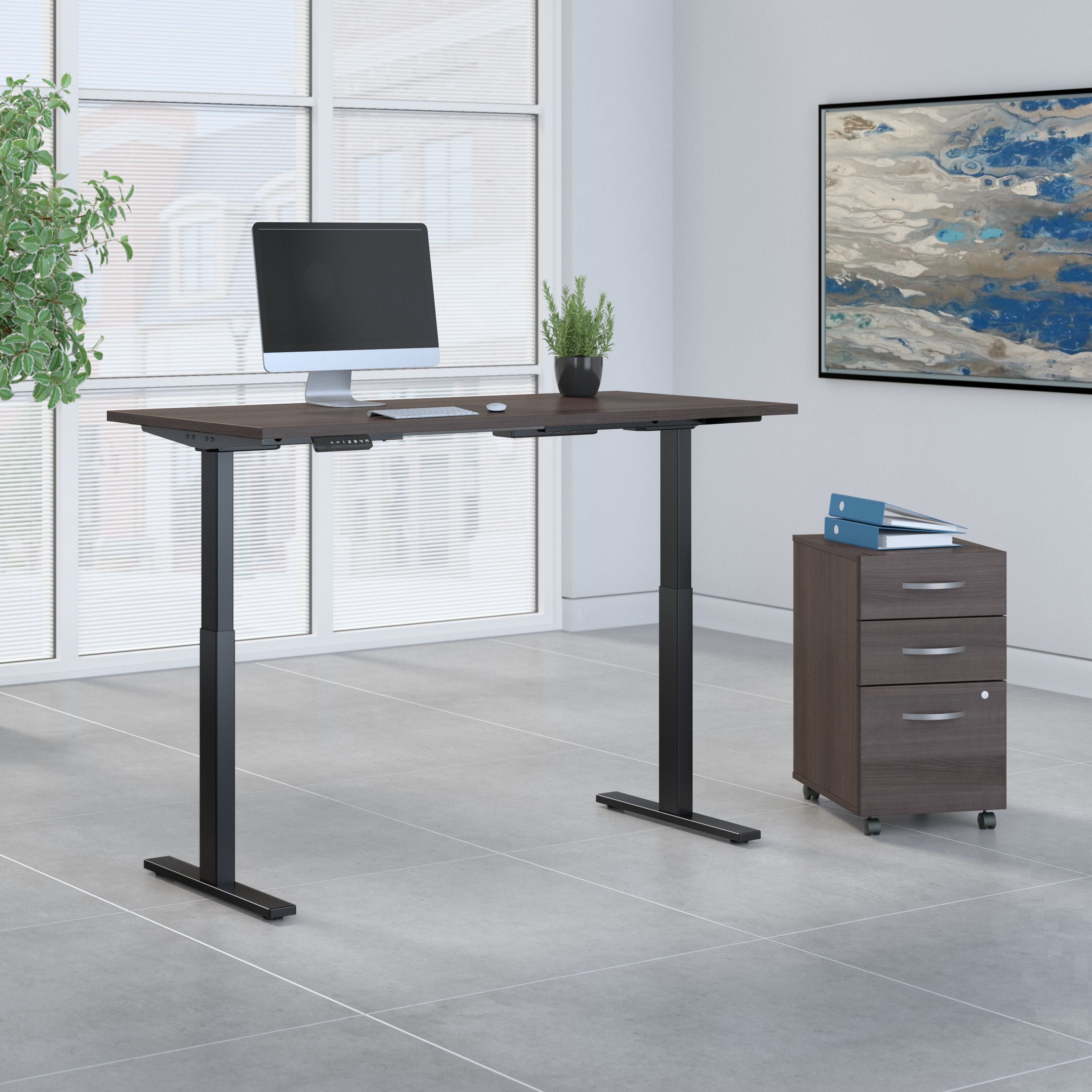 Move 60 Series by Bush Business Furniture 72W x 30D Height Adjustable Standing Desk with Storage in Storm Gray with Black Base - 71.02" Width x 29.37" Depth x 47.69" Height
