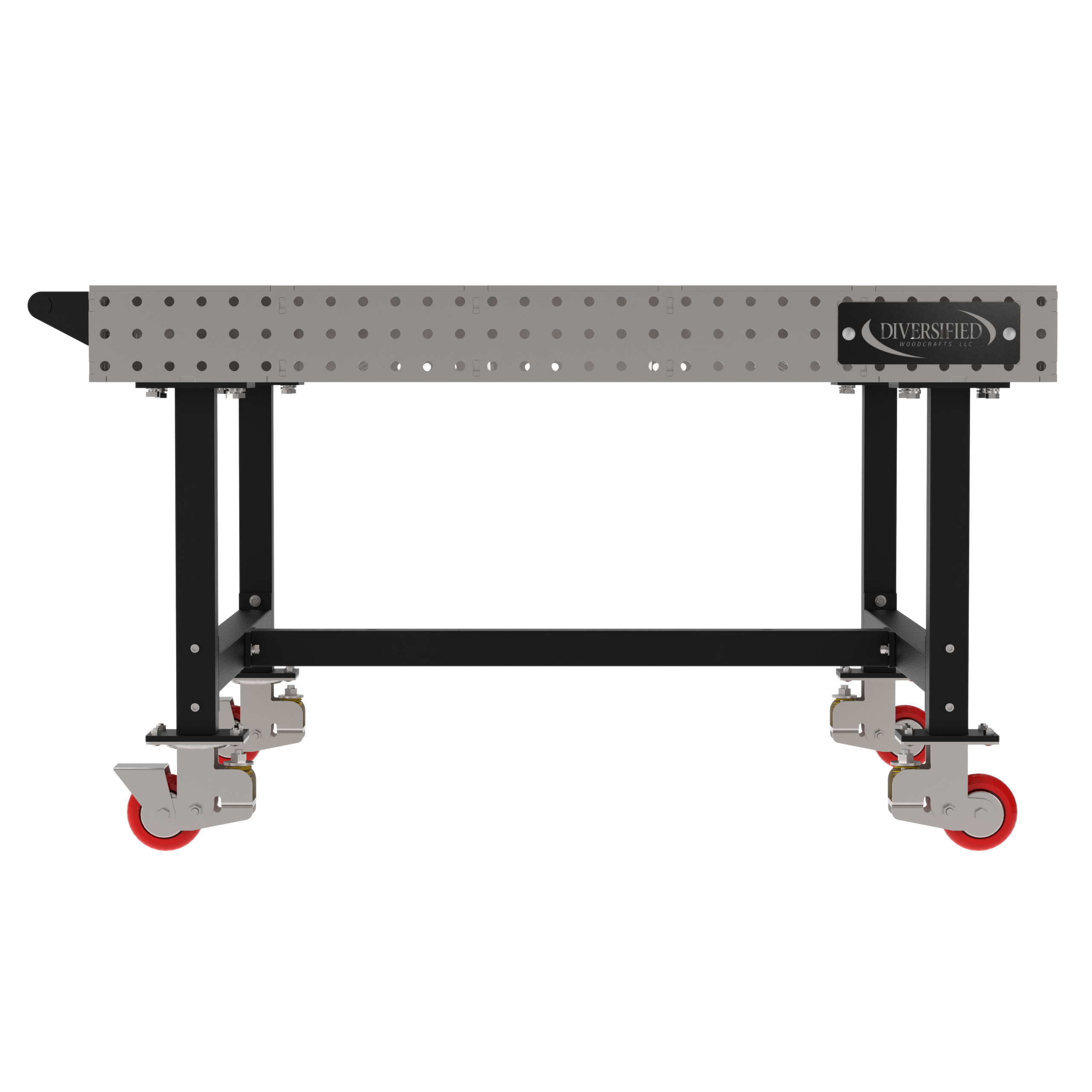 Welding Fixture Table, Fixed Height, 36"H x 60"L x 60"D, 1/4" Carbon Steel Top, Four Black Powdercoat Legs, Handle, 4 Heavy Duty Suspension Casters (2 Locking/Swiveling Casters and 2 Non-Locking/Non-SwivelingCasters)