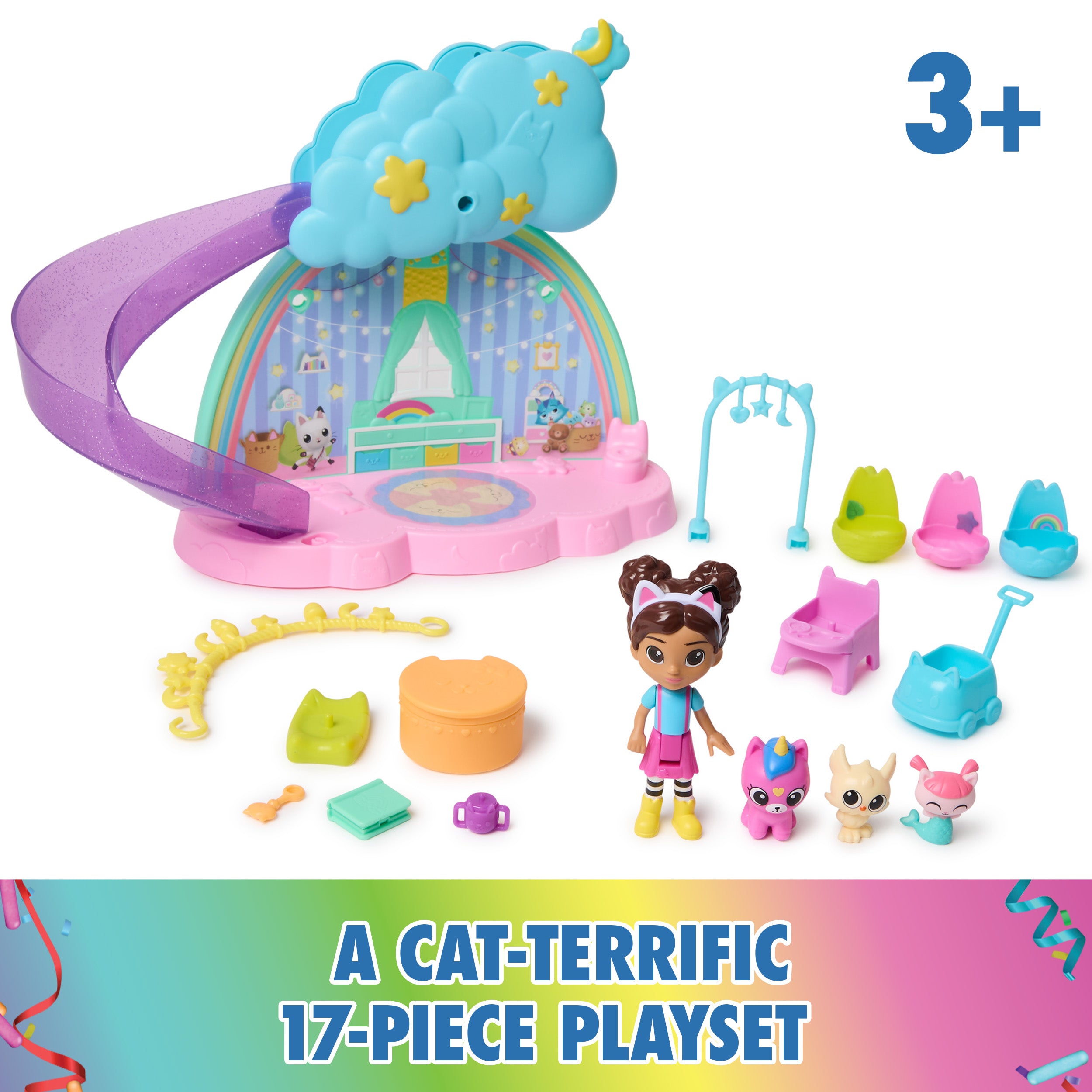 Gabby's Dollhouse Kitty Care Ear Purrfect Playroom – 17-Piece Playset with 4 Toy Figures, Dollhouse Furniture, Doll Accessories & Baby Doll Stuff for Kids Ages 3+