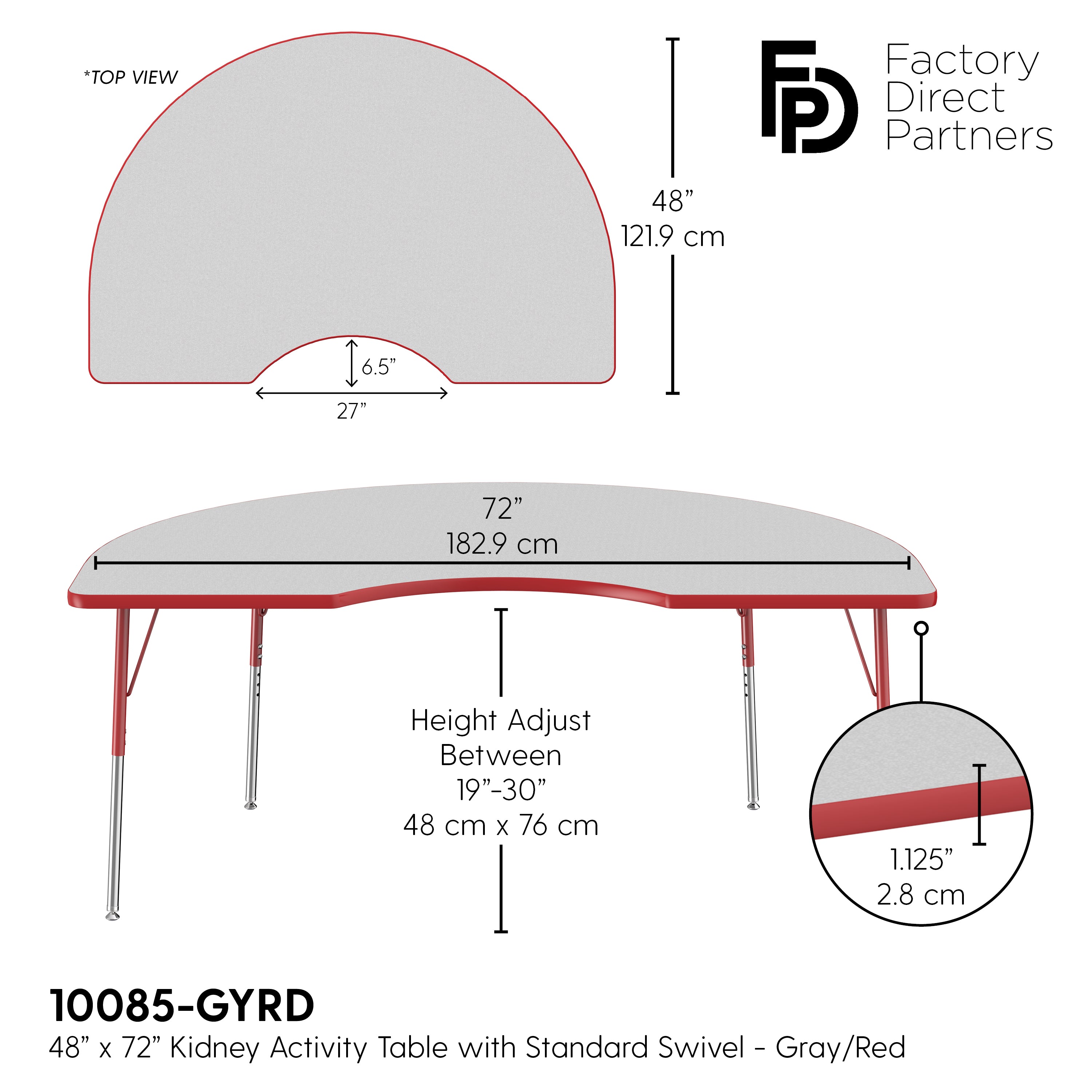 48" x 72" Kidney T-Molding Activity Table with Adjustable Standard Swivel Glide Legs - Gray/Red
