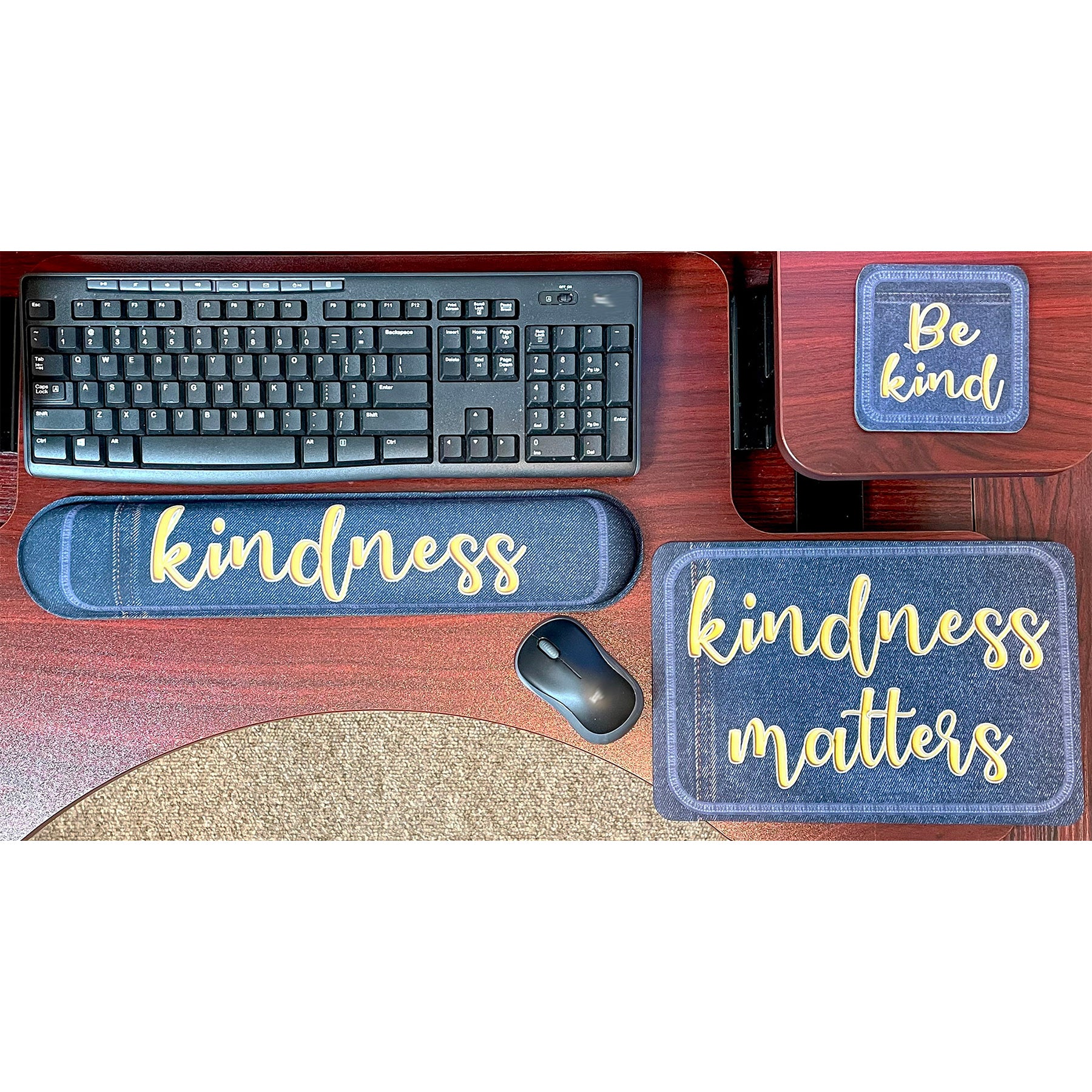 The Original Fun Mat® Computer Desk Mats, Set of 3, (1) Mouse Pad, (1) Keyboard Wrist Pad, (1) Coaster, Kindness Themed, Denim