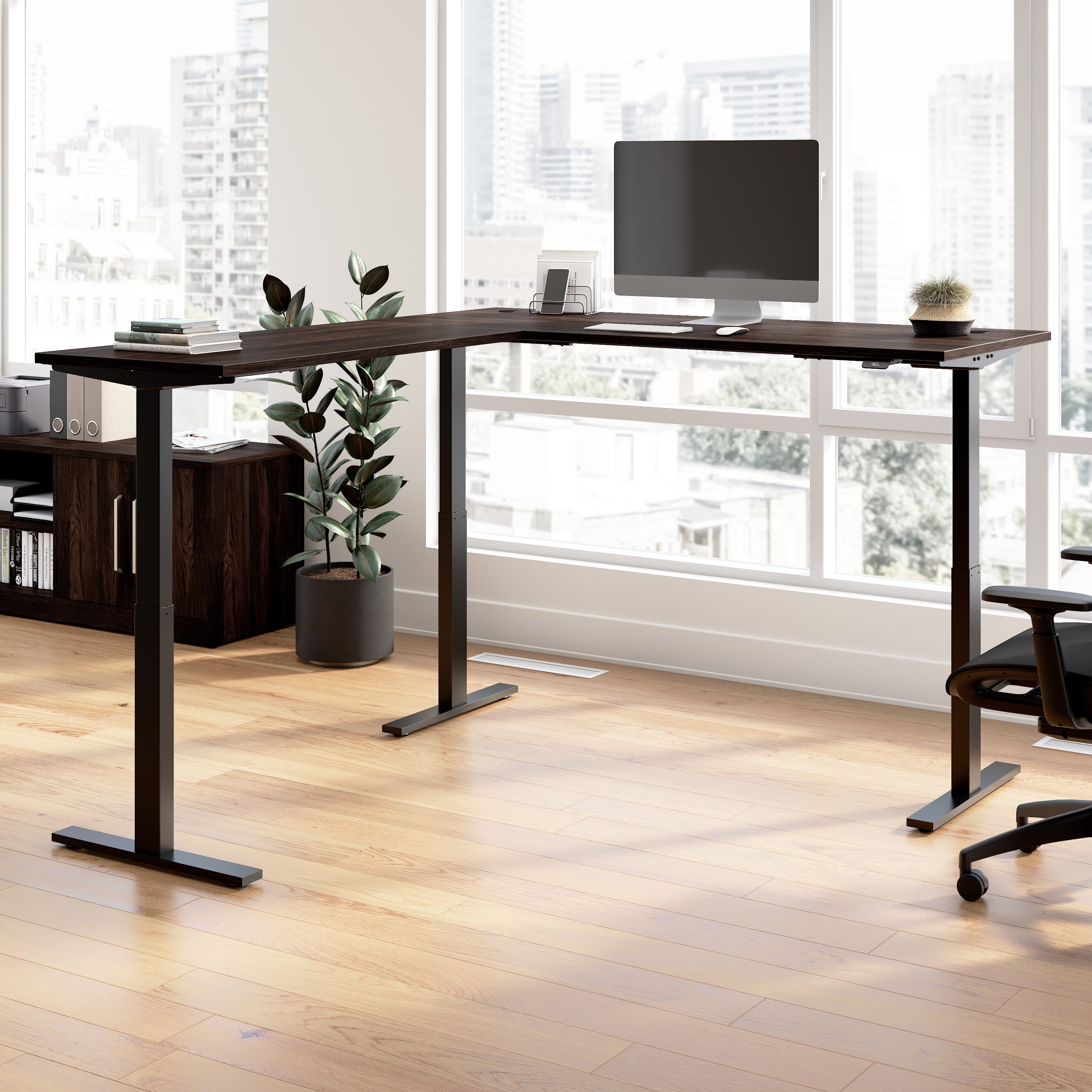 Bush Business Furniture Move 60 Series 72W Height Adjustable L Shaped Standing Desk in Black Walnut with Black Base - 71.02" Width x 76.97" Depth x 27.44" Height