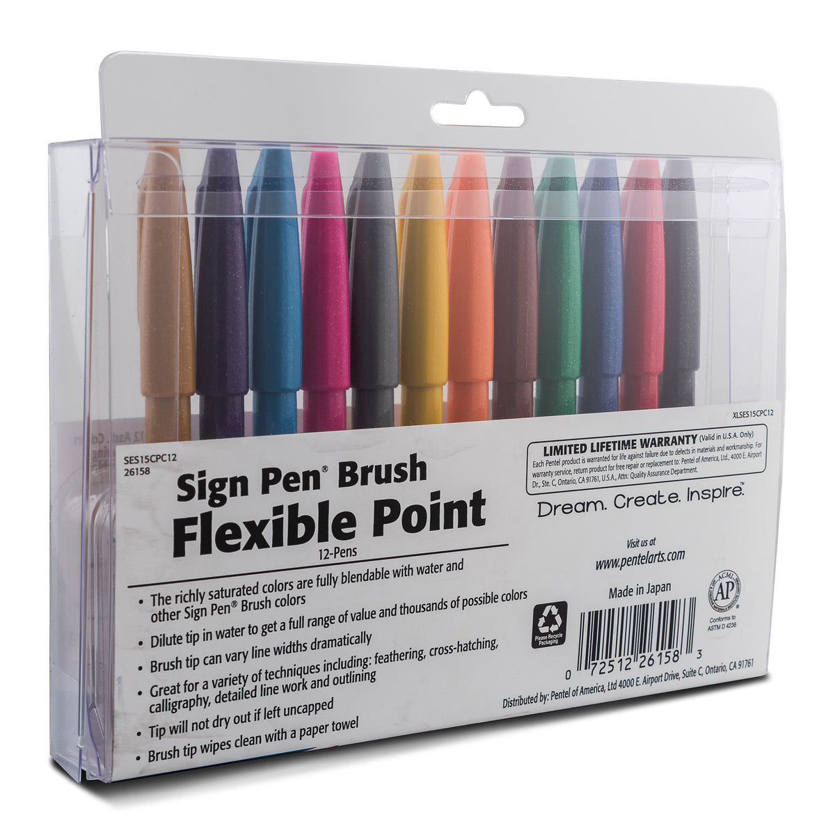 Sign Pen Brush Tip, Assorted Ink Colors, 12-Pack in Plastic Box