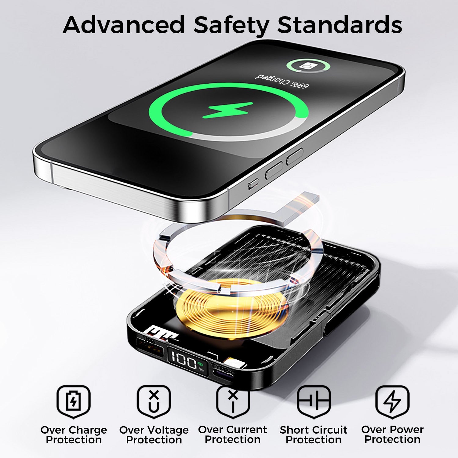 10,000mAh Magnetic Wireless Power Bank with Metal Stand + Built-in Cables, Black