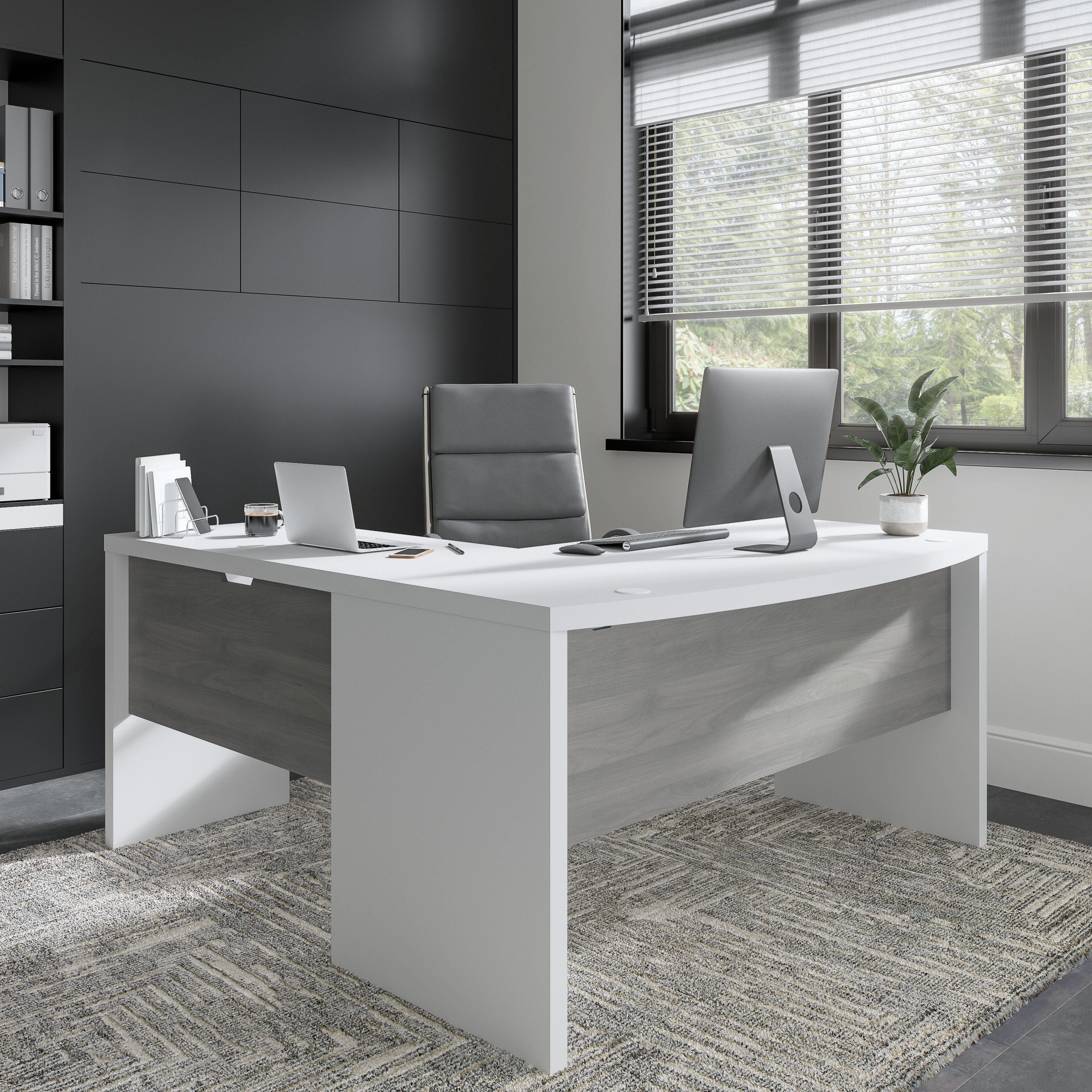 Bush Business Furniture Echo L Shaped Bow Front Desk with High Back Chair in Pure White and Modern Gray - 60" Width x 64.02" Depth x 42.91" Height
