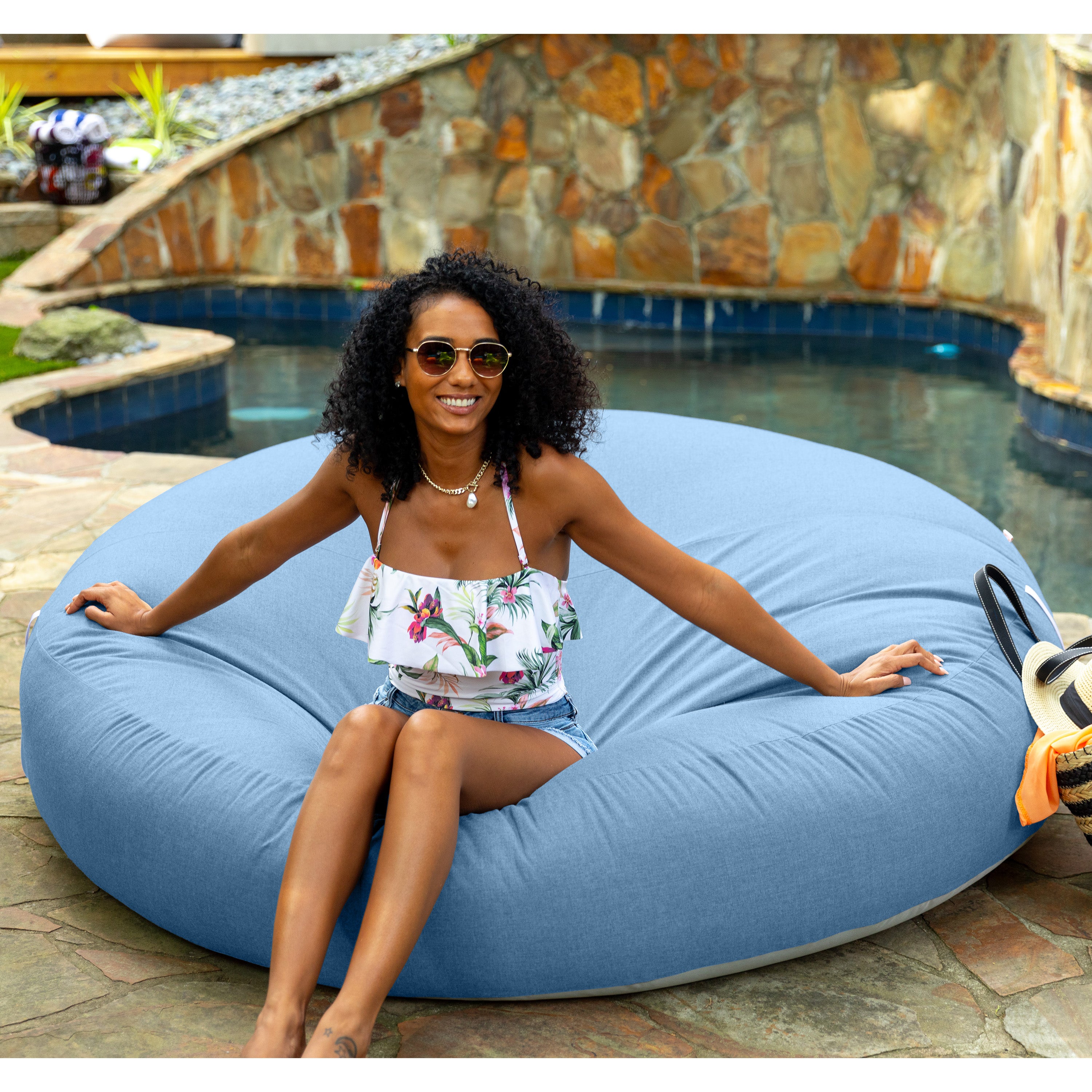 Coza Cocoon Sun Bed - Giant Outdoor Round Lounge for Resort Style & Beachfront Relaxation - Sunbrella, Ocean Blue