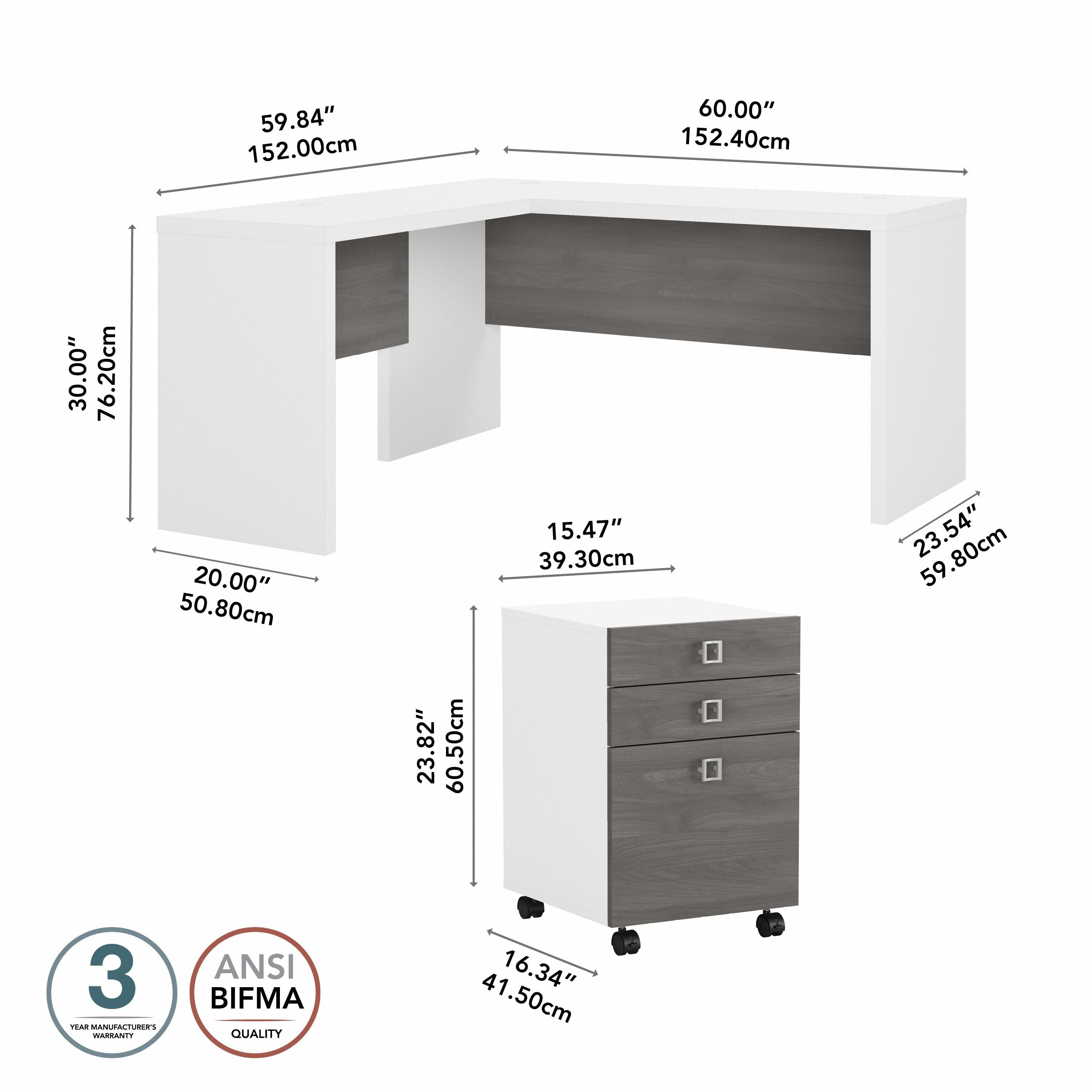 Bush Business Furniture Echo L Shaped Desk with Mobile File Cabinet in Pure White and Modern Gray - 60" Width x 59.84" Depth x 30" Height