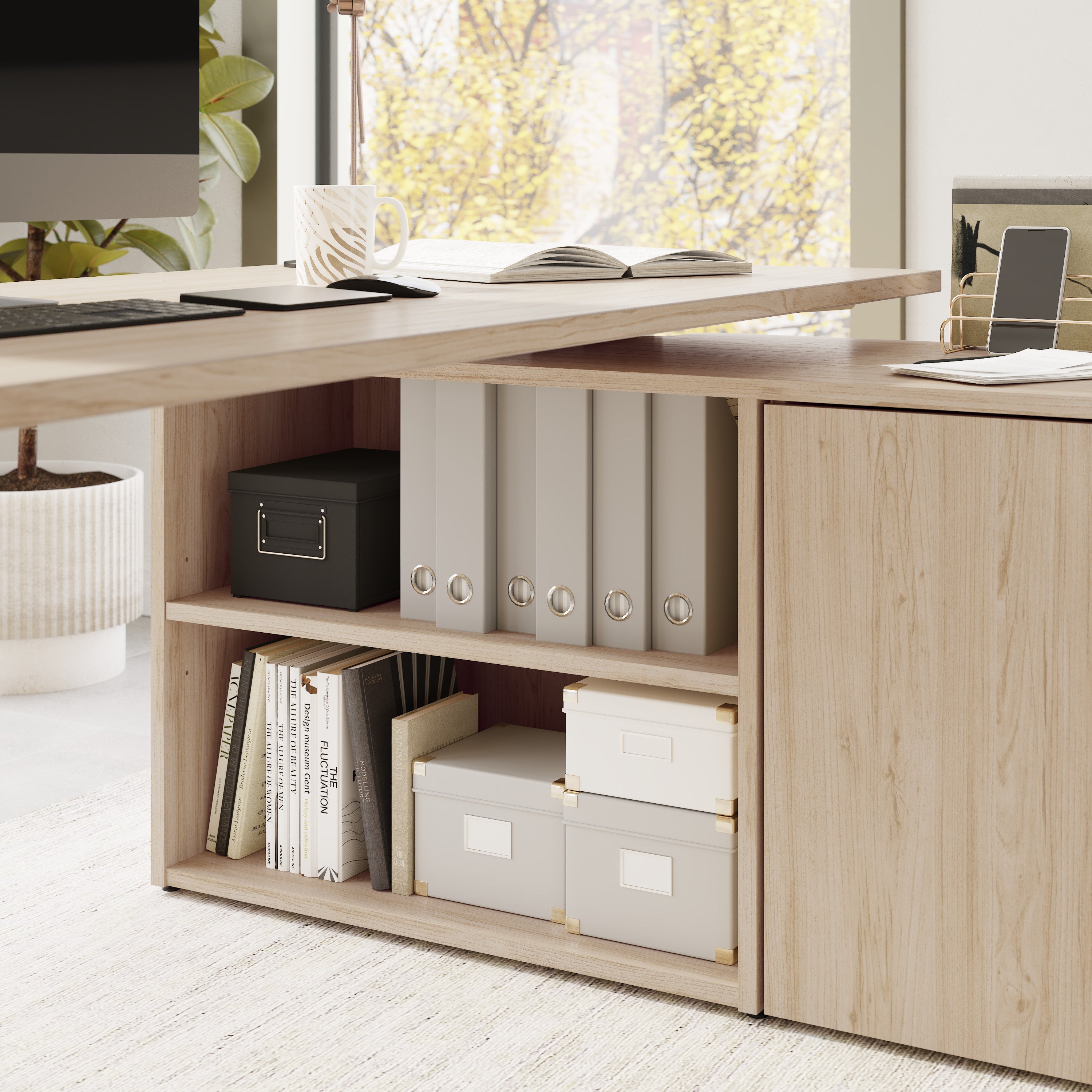 Bush Business Furniture Stratus&nbsp;60W x&nbsp;30D Electric Height Adjustable Standing Desk with Storage in Natural Elm with White Base - 59.45" Width x 29.37" Depth x 27.44" Height