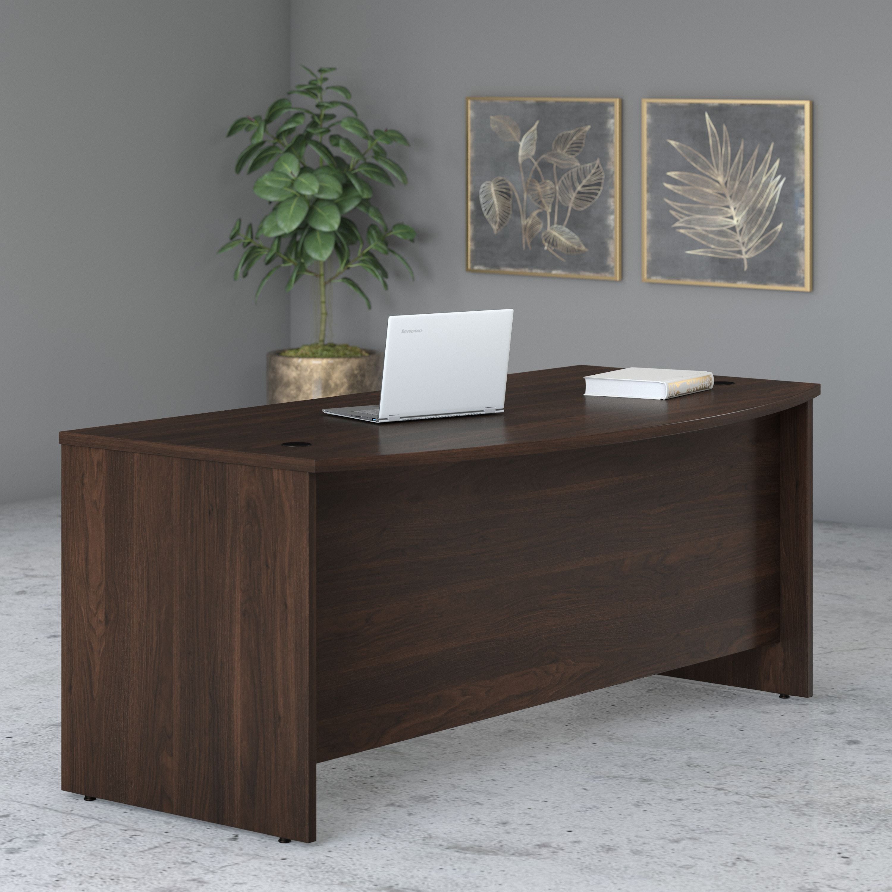 Bush Business Furniture Studio C 72W x 36D Bow Front Desk in Black Walnut - 71.02" Width x 35.43" Depth x 29.84" Height