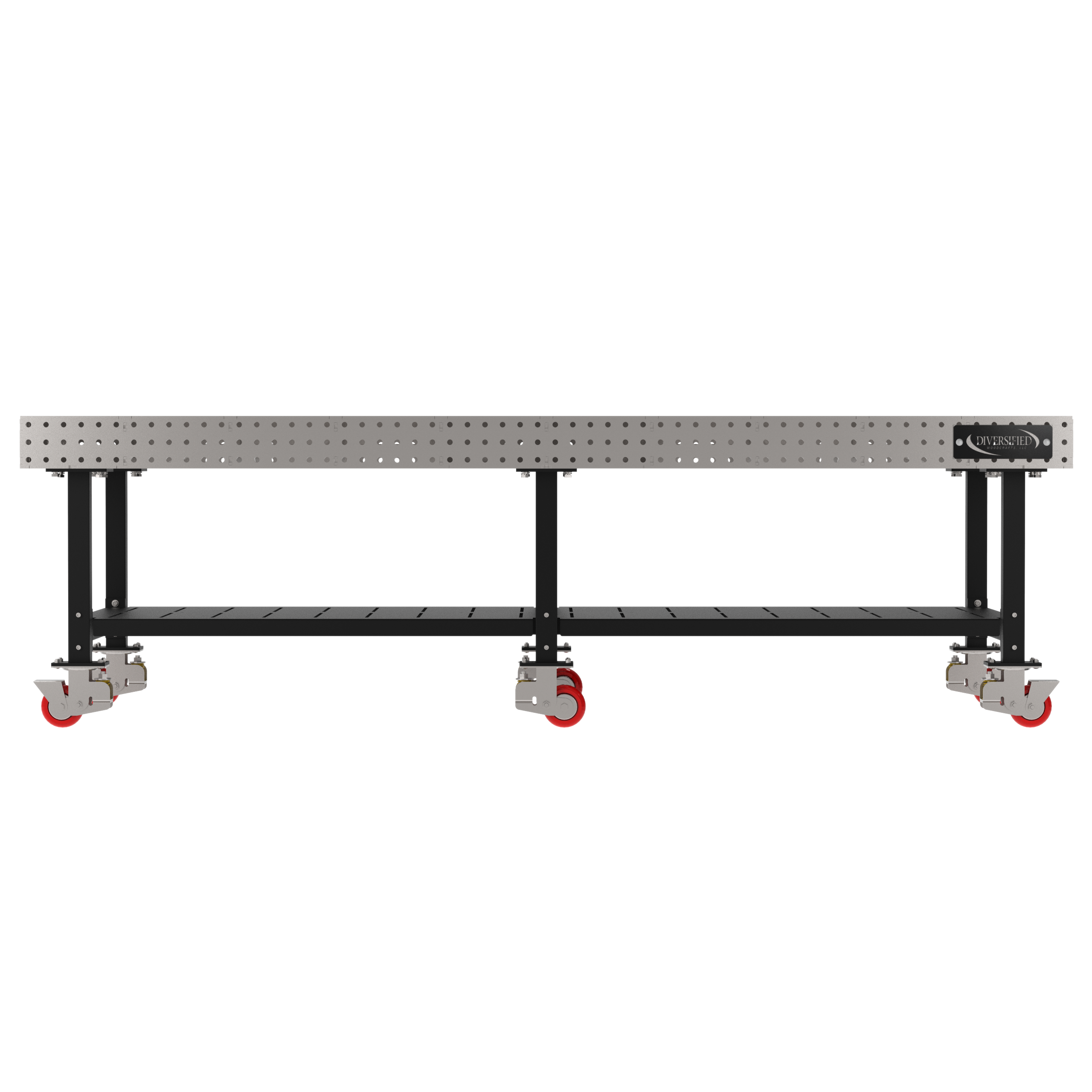 Welding Fixture Table, Fixed Height, 36"H x 120"L x 48"D, 1/4" Carbon Steel Top, Six Black Powdercoat Legs, Shelf, 6 Heavy Duty Suspension Casters (4 Locking/Swiveling Casters and 2 Non-Locking/Non-SwivelingCasters)